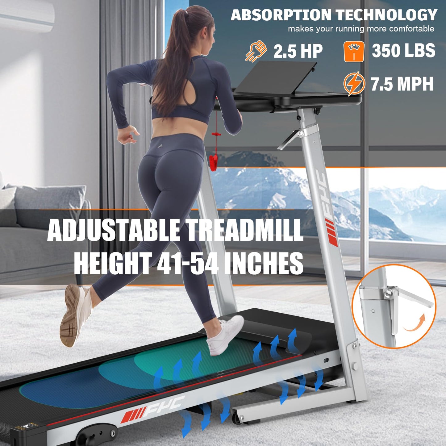 Folding Treadmill with Adjustable Desk & Bluetooth Speaker - Portable, Quiet, and Compact Running Machine for Home Office, Walking, Jogging (300 lbs Capacity)