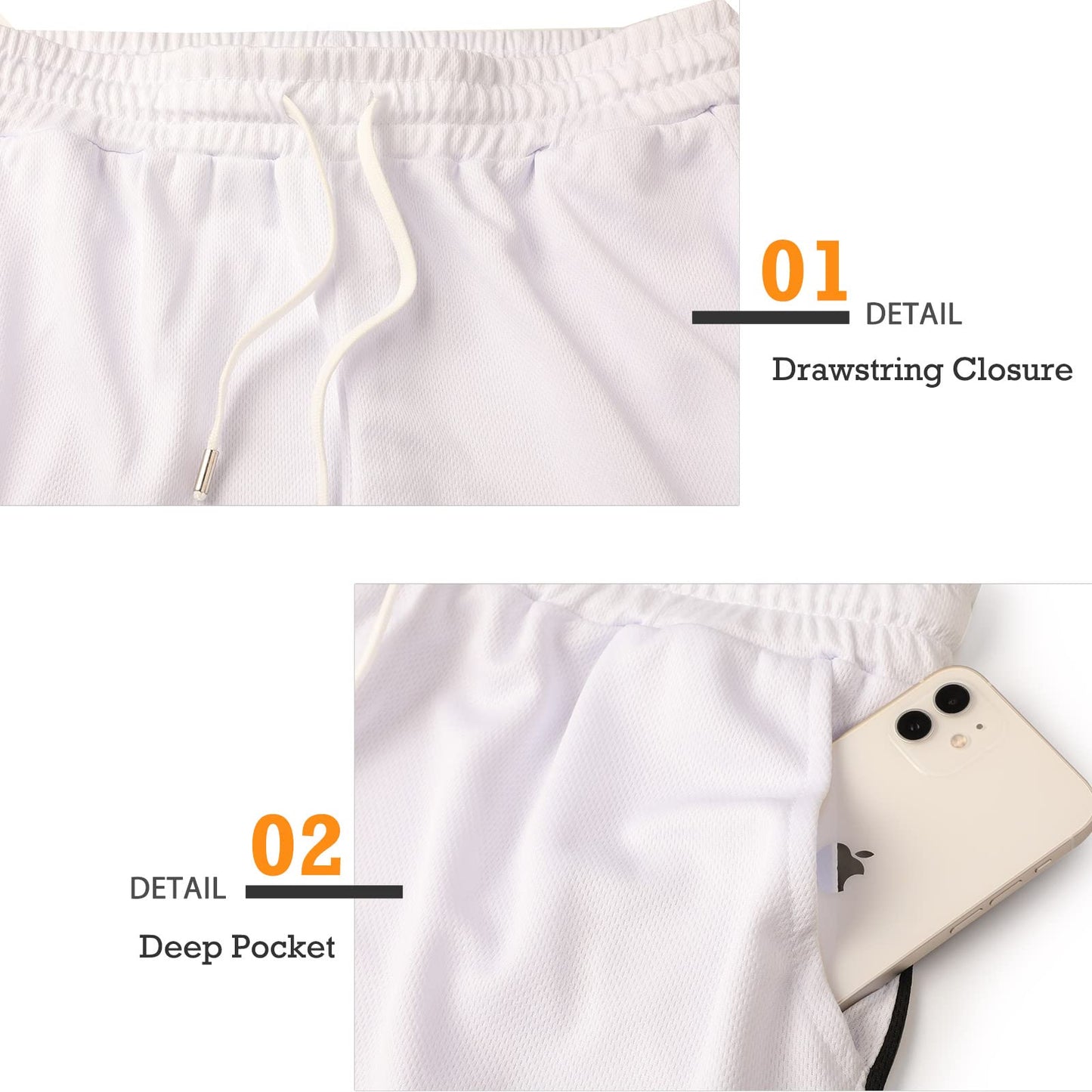 Surenow Mens Running Gym Shorts 3 Inch Breathable Lightweight Athletic Sport Shorts Training Workout Shorts with Pockets White