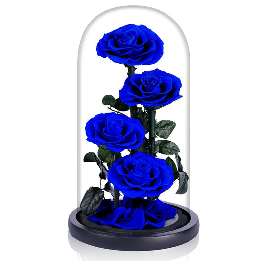 4 Preserved Flowers in Glass Dome - Roses Gift for Her - Birthday Flowers for Women, Blue