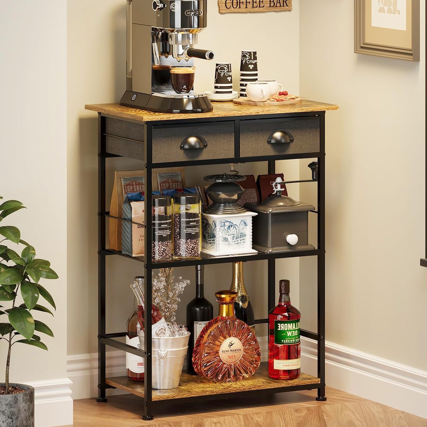 X-cosrack Coffee Bar Stand Station with 2 Storage Drawers, 3-Tier Farmhouse Corner Coffee Table & Cabinet,Large Capacity Coffe Bar Organizer for Living Room, Entryway,Kitchen - Patent
