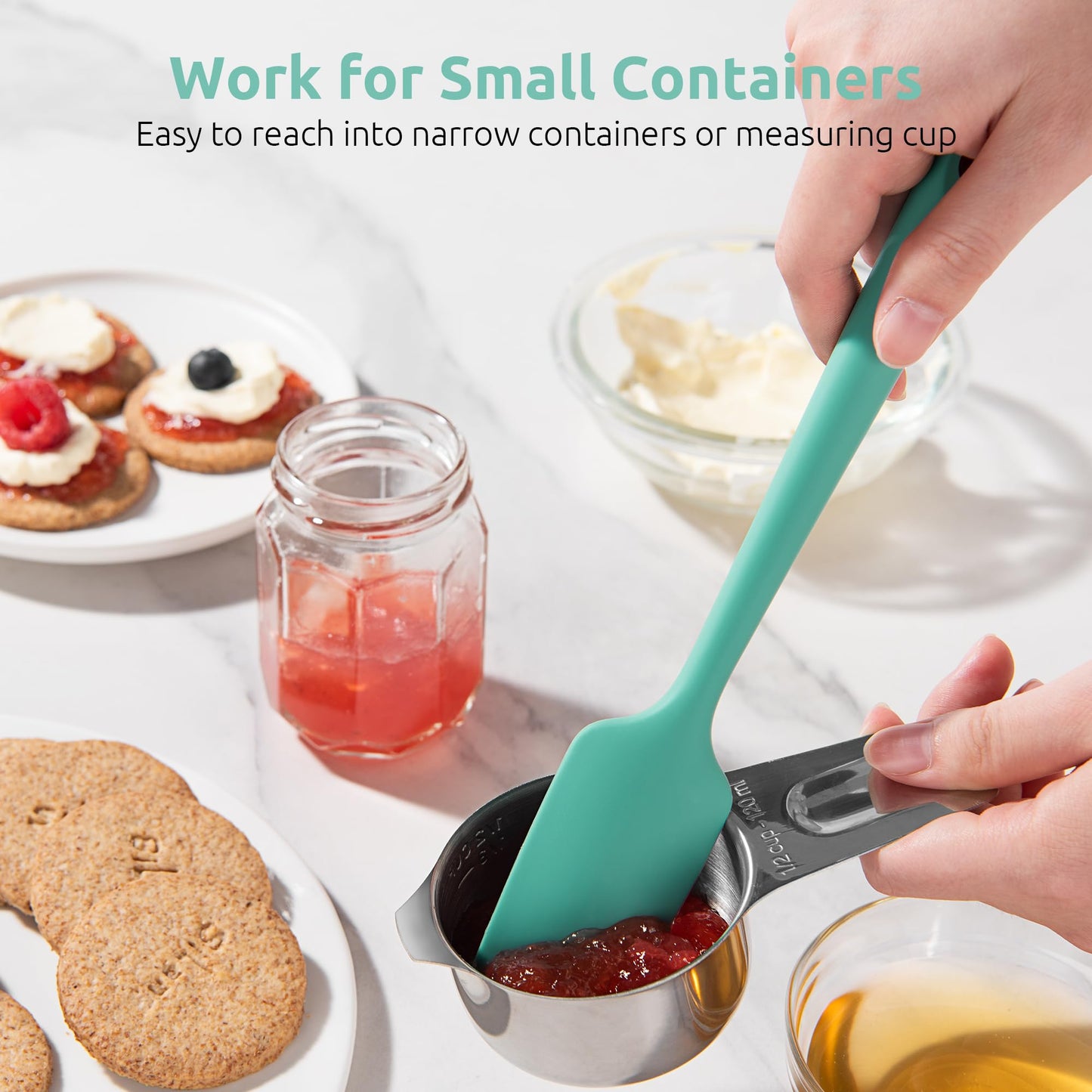 U-Taste Small Mini Silicone Spatula: 9×2inch 600ºF Heat-Resistant Food-Grade Jar Scraper for Kitchen Use, Non-Stick Seamless Flexible Baking Utensil for Mixing, Scraping Jam in Bowl or Cup (Aqua Sky)