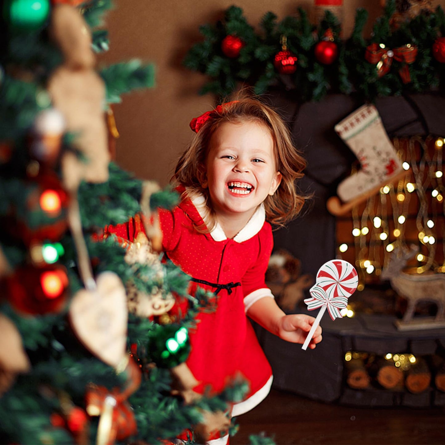 EOMEXAL 3 Pieces Christmas Table Decorations Wooden Christmas Tiered Tray Decor Xmas Tabletop Décor Candy Cane Décor for home(Classic)