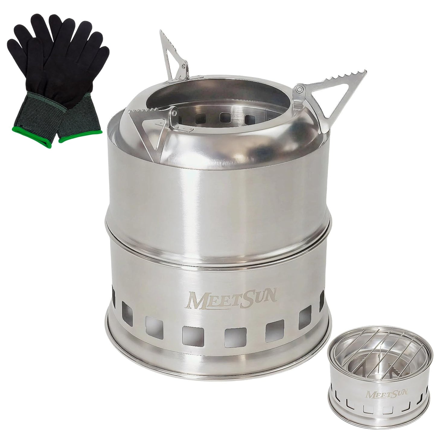 MEETSUN Portable Mini Wood Burning Stove with Grill,Camping Stove Lightweight,Foldable Stainless Steel Backpacking Camping Stove,Solid Alcohol Survival Stove for Camping Hiking Emergency Outdoor