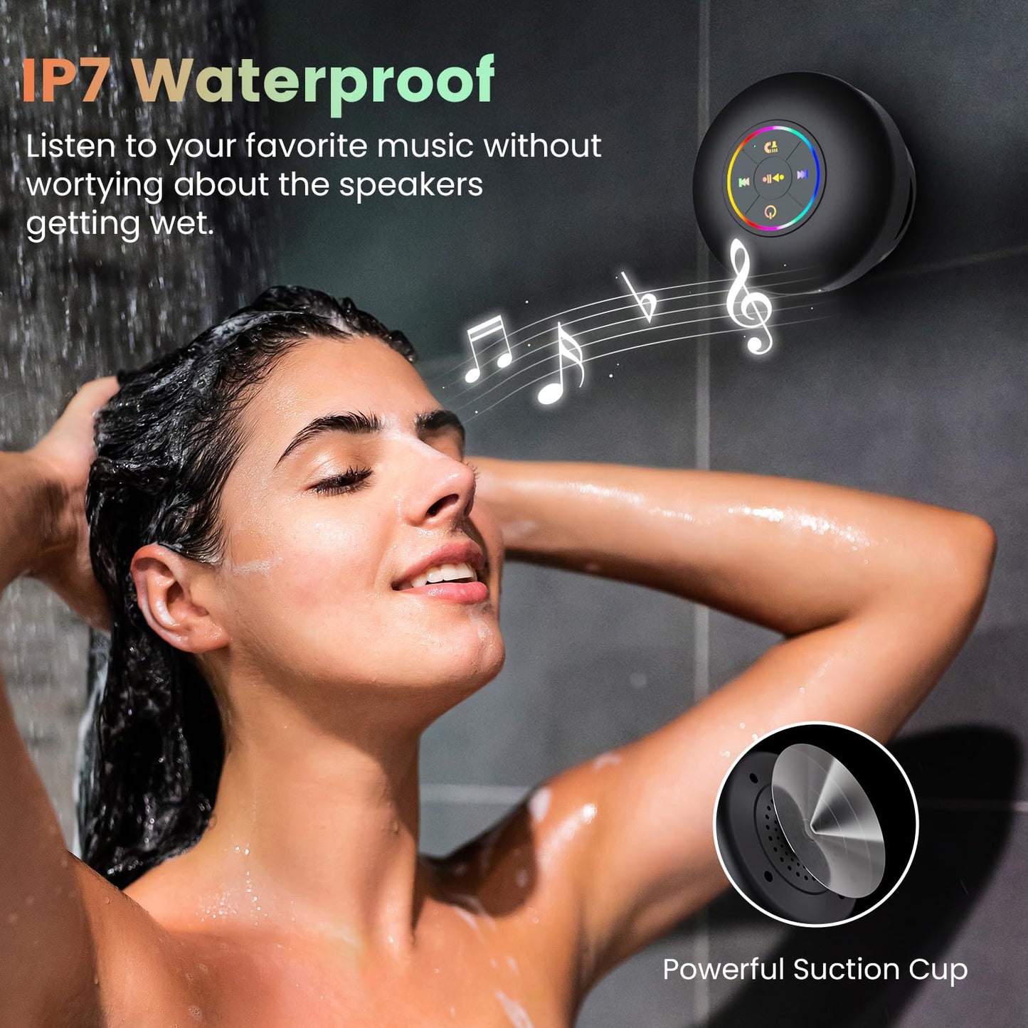 Large Suction Cup Waterproof Bluetooth Speaker LED Light Light Waterproof Bathroom Bluetooth Speaker (Black)