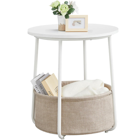 VASAGLE Small Round Side End Table, Modern Nightstand with Fabric Basket, Matte White and Camel Brown ULET223W10