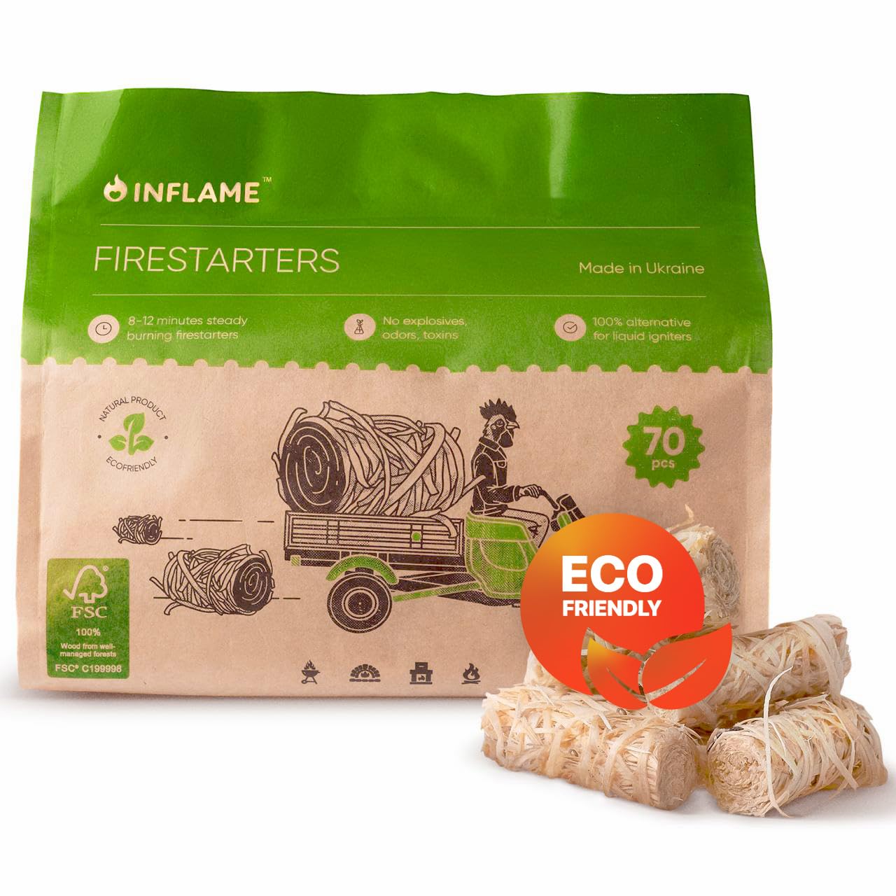 Inflame Fire Starters 130 pcs Fire Starters for Campfires, Grill, BBQ, Fireplace, Woodstove - Charcoal Starter - Waterproof, Weather-Resistant - Natural Wood Fireplace Starters