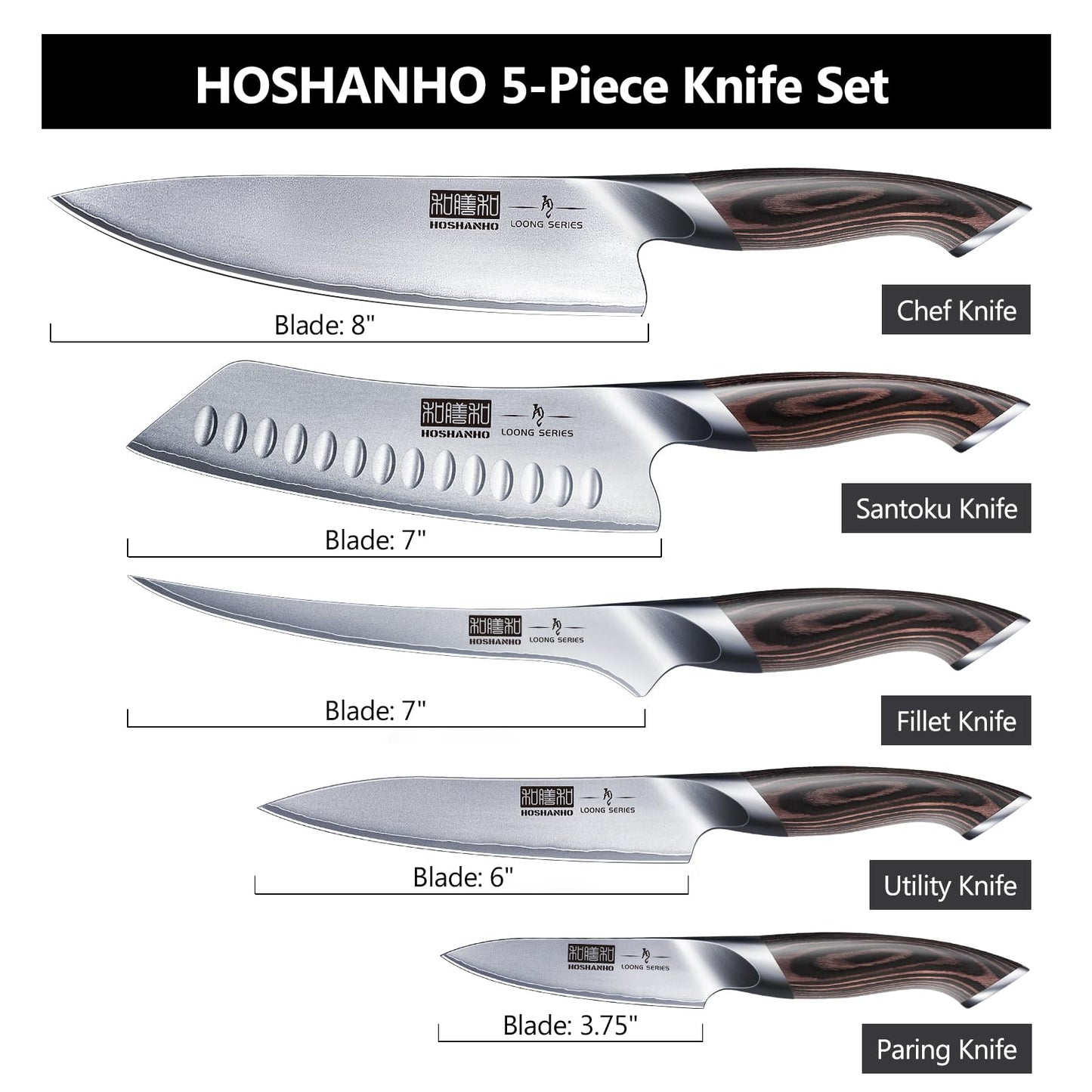 HOSHANHO 5 Pieces Knife Set, Japanese High Carbon Stainless Steel Kitchen Knife Sets, Professional Ultra Sharp Chef Knives Set with Ergonomic Pakkawood Handle