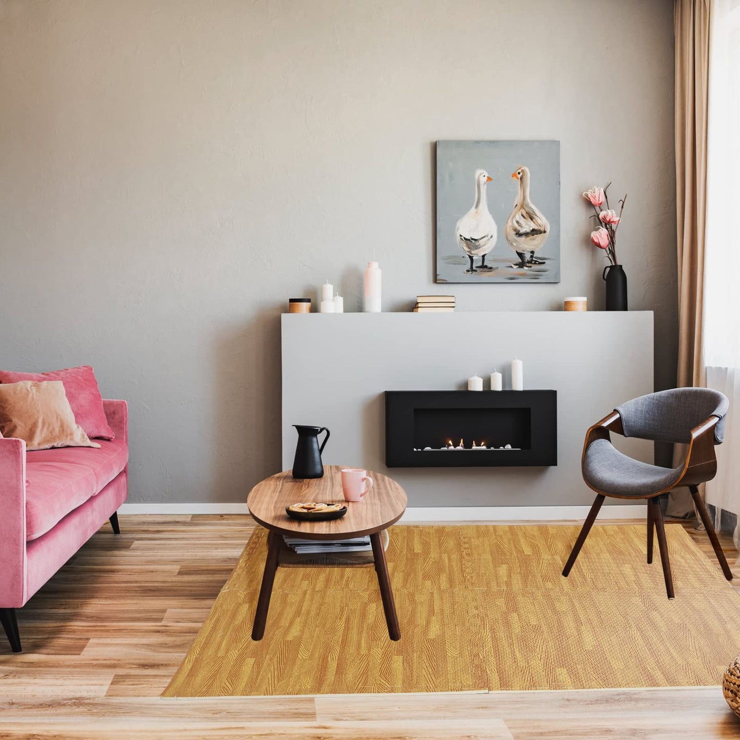 Wood Grain Floor Foam Mats with Border, Wood Printed Interlocking Foam Tiles Anti Fatigue Flooring Mat (Light Brown,12 x 12 Inch)