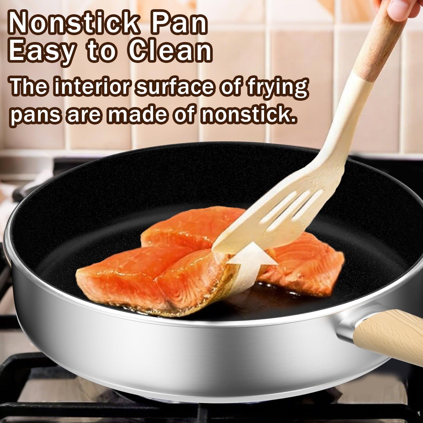 Stainless Steel Pots and Pans Set, 13 Pcs Cookware Set, RV Kitchen Cooking Set w/Non Stick Frying Pans & Saucepans & Lids & Stay-cool Wooden Handle, Induction Oven Dishwasher Safe, Non Toxic