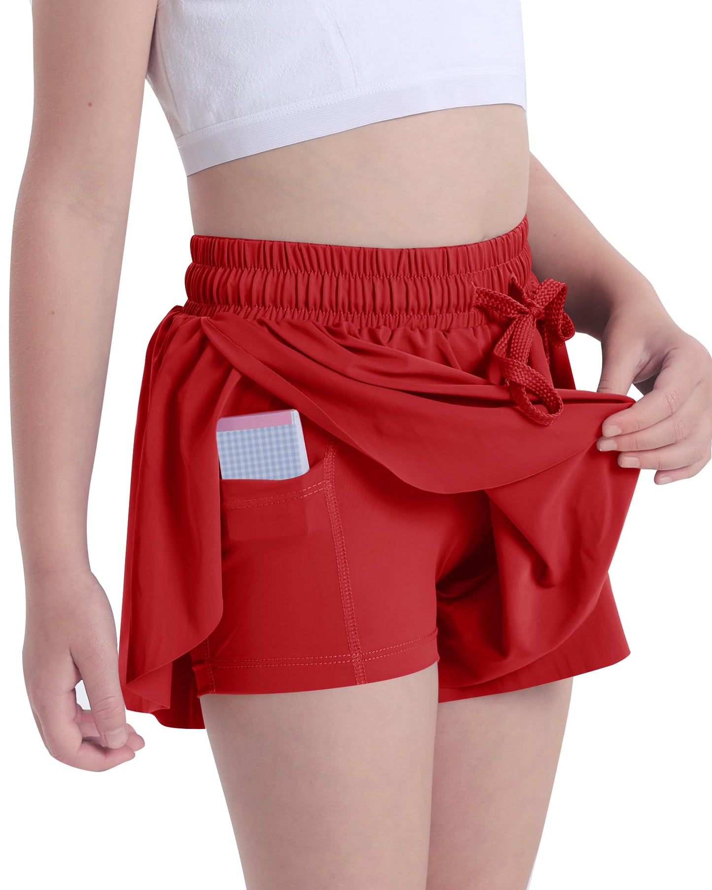 KEREDA Girls Flowy Shorts,Butterfly Shorts for Teen Girls with Spandex Liner 2-in-1 for Running,Gym,Athletic,Workout 1 Pack 11-12Y (Red)