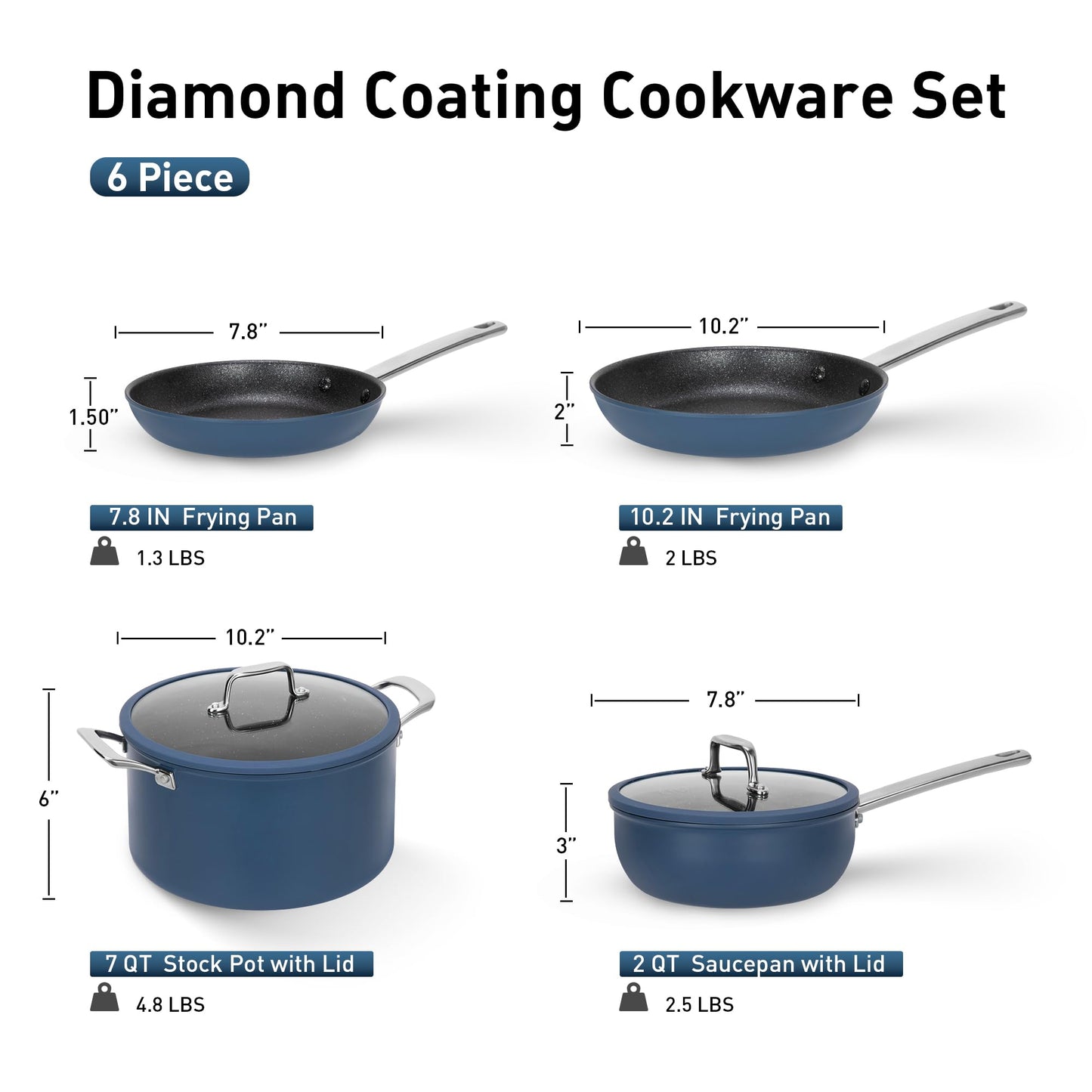 MAISON ARTS Plasma Titanium Coating Non stick Cookware Sets, 6 Piece Induction Pots and Pans Set, Non-Toxic Deep Frying Pan and Casserole with Silicone Glass Lid
