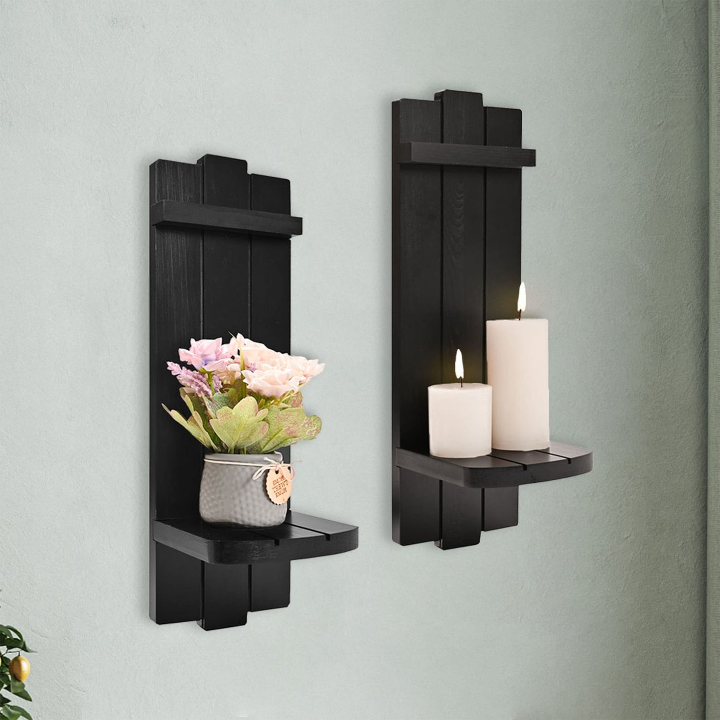 Yorkmills Sconces Wall Decor Set of 2, Large Wall Candle Holder Rustic Farmhouse Decor, Home Wall Art Floating Candle Sconce Shelf Black Wall Decoration for Living Room, Dining Room, Bedroom, Bathroom