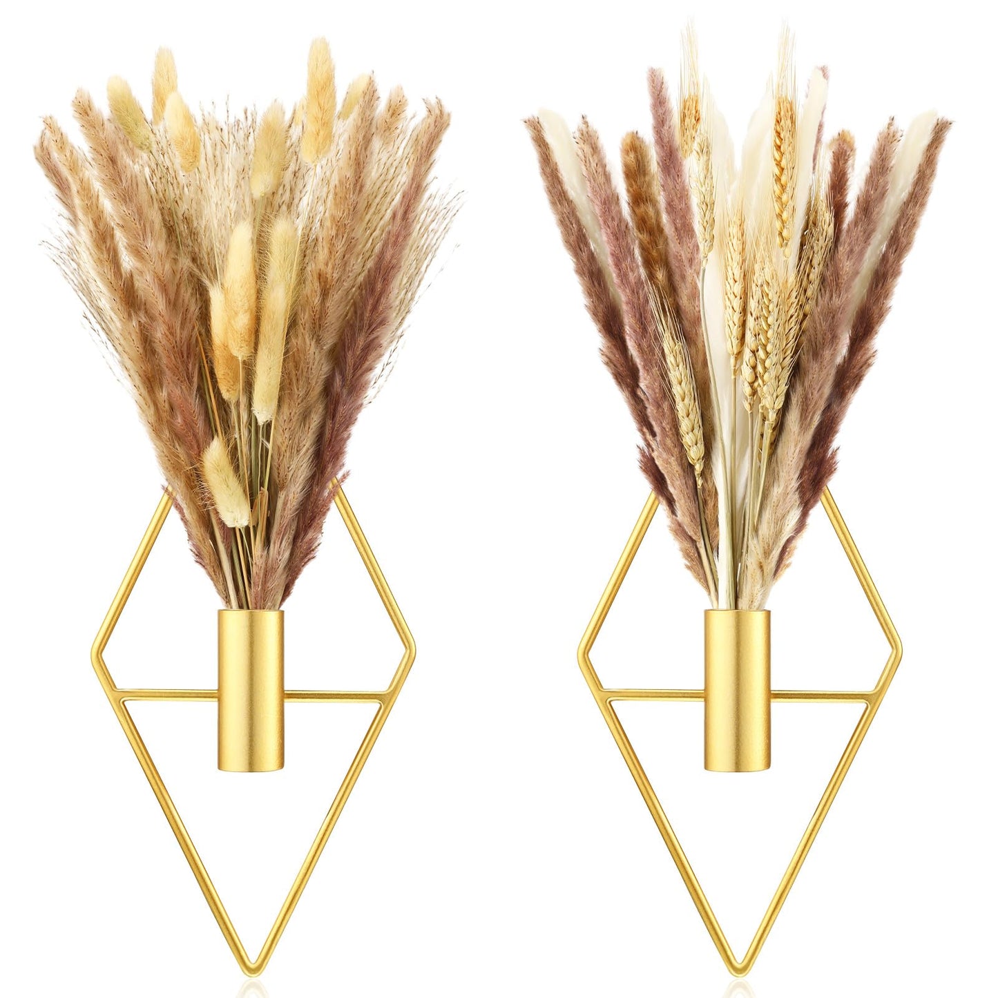 Peryiter 2 Pcs Small Boho Wall Decor Hanging Planters with Artificial Pampas Metal Wall Art Modern Home Decor Display Art for Bedroom Bathroom Living Room(Black)