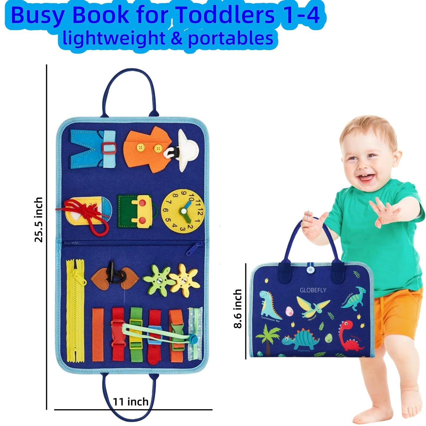 GLOBEFLY Toddler Busy Board Montessori Toys, Busy Book for Toddlers 1-3, Sensory Board Educational Activities for Learning Fine Motor Skills, Airplane Car Travel Toys Gifts for Girls Boys, Blue-5page