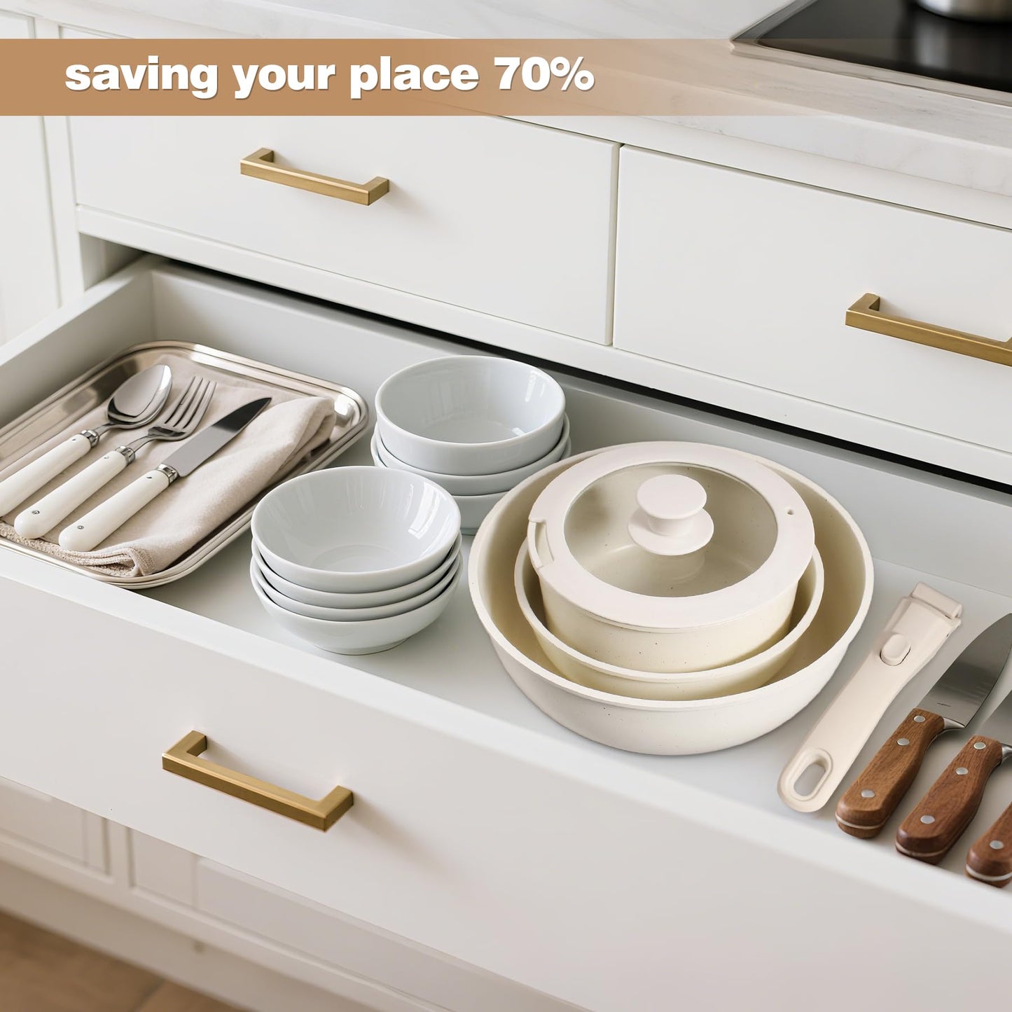 Zalnuuk 6 PCs pots and pans set non stick, Nonstick Kitchen Cookware Set, 2 Detachable/Removable Handles, Induction RV Kitchen Set, Oven Safe, Cream White