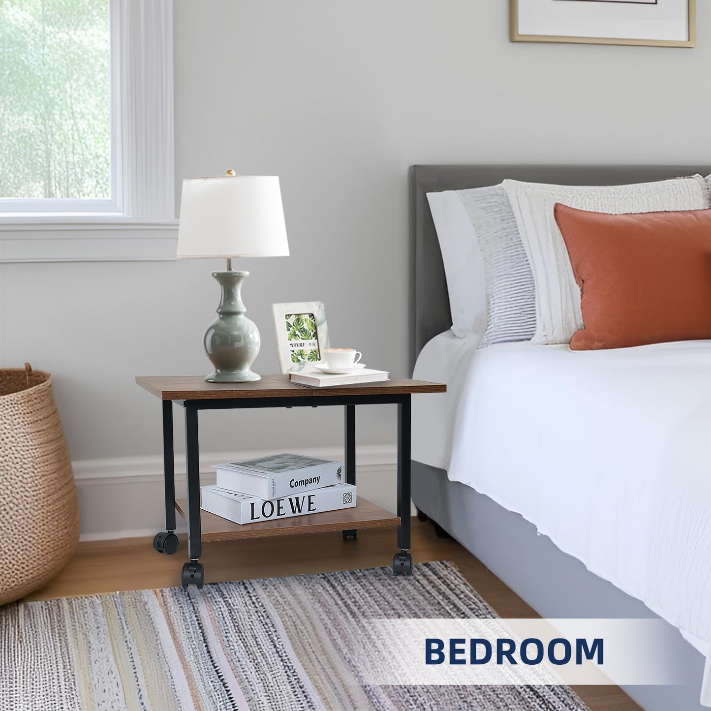 storenization Printer Stand with Storage Shelf, Small Printer Stand for Desk Office Home, Under Desk Printer Table with Rolling Wheels, Heavy Duty Mobile Machine Cart with Shelf, Rustic Brown