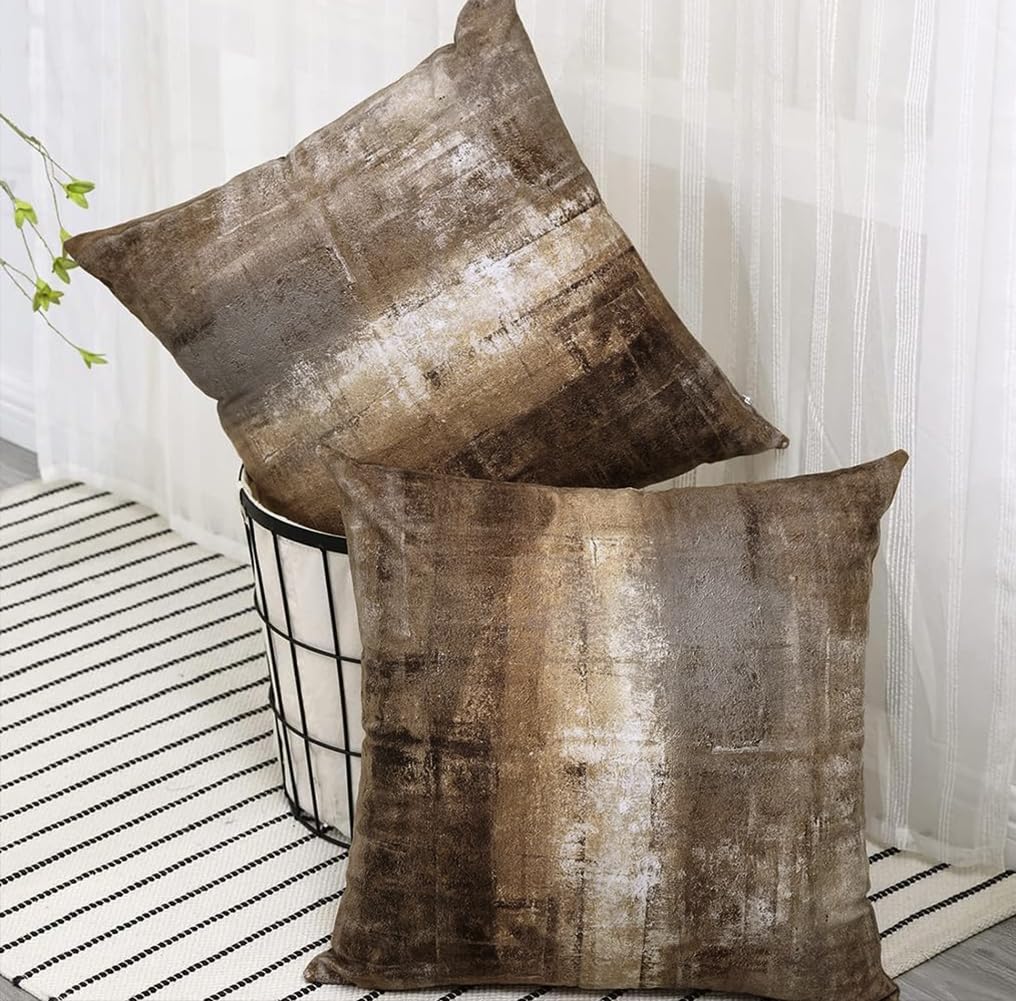 Alricc Decorative Abstract Art Throw Pillow Covers 18x18 (Set of 2) - Modern Oil Painting Textured for Couch, Living Room, Bed - Dark Brown Contemporary Design