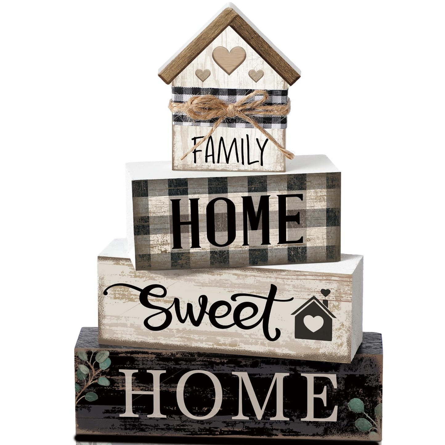 Moucuny 4 Pcs Farmhouse Wooden Tabletop Decor Sweet Home Tiered Tray Decor Rustic Retro Wood House Shaped Block Sign Housewarming Gifts Neutral Centerpiece Farmhouse Table Sign for Home Shelf Mantle