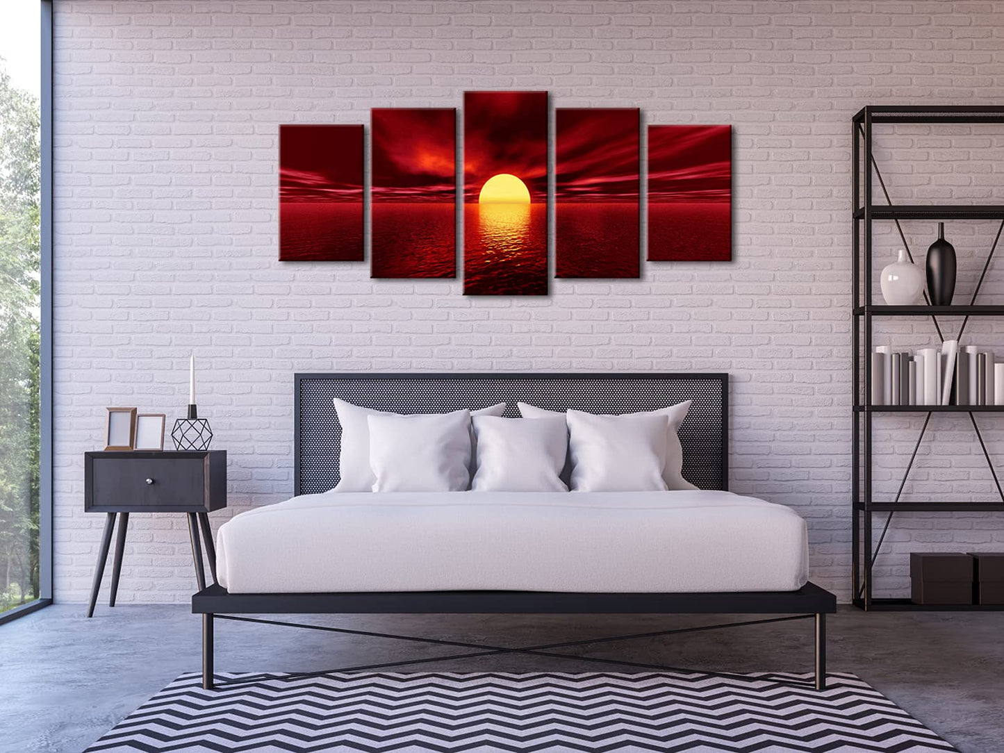 Wieco Art Red Sun Canvas Prints Wall Art Ocean Sea Beach Pictures Paintings Ready to Hang for Living Room Bedroom Home Decorations Modern 5 Piece Stretched and Framed Grace Landscape Giclee Artwork