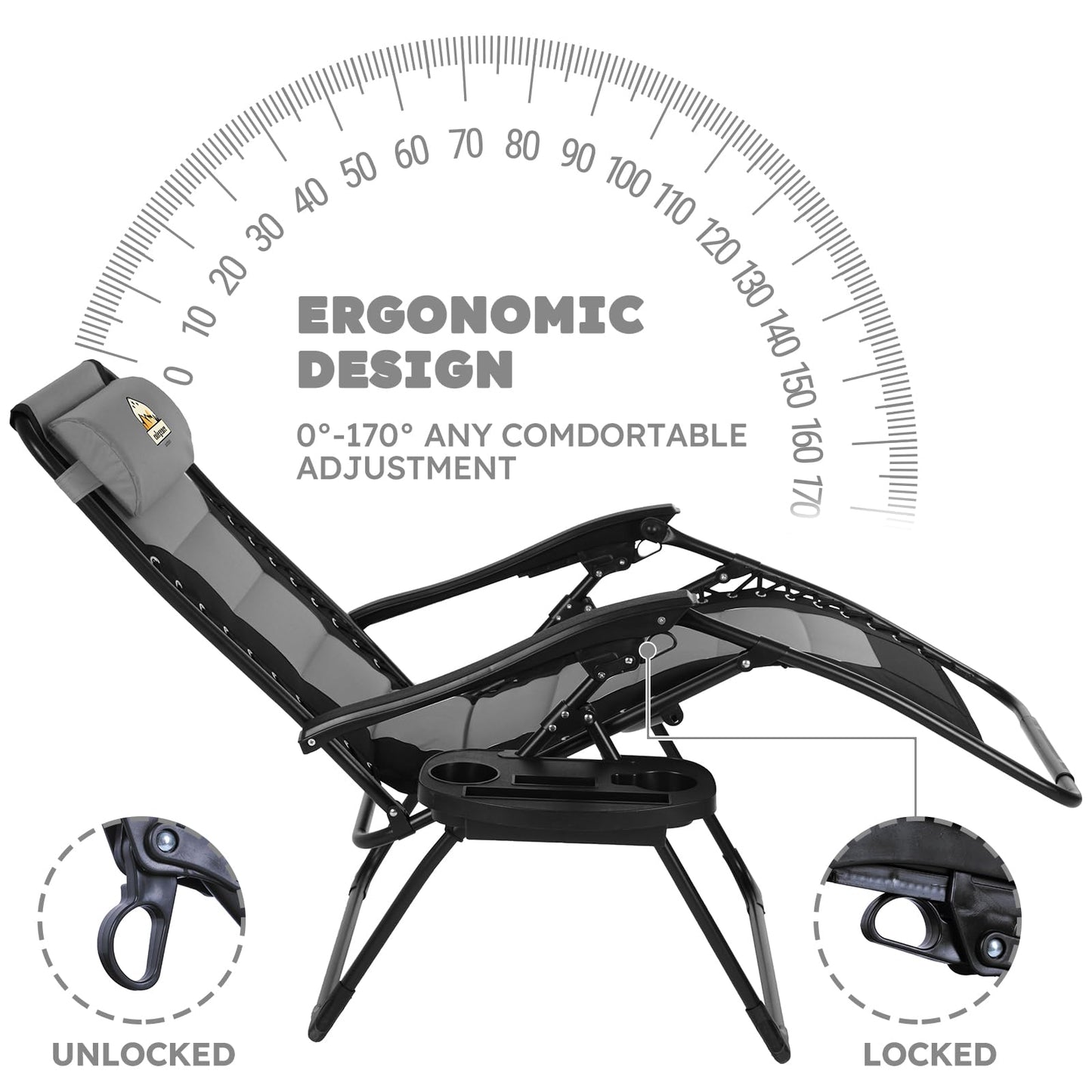 Colegence Oversized Padded Zero Gravity Lounge Chair, Foldable Patio Anti Gravity Reclining Chairs Folding Lawn Recliner with Cup Holder for Yard, Camping, Outdoor, Support 350 LBS, Black