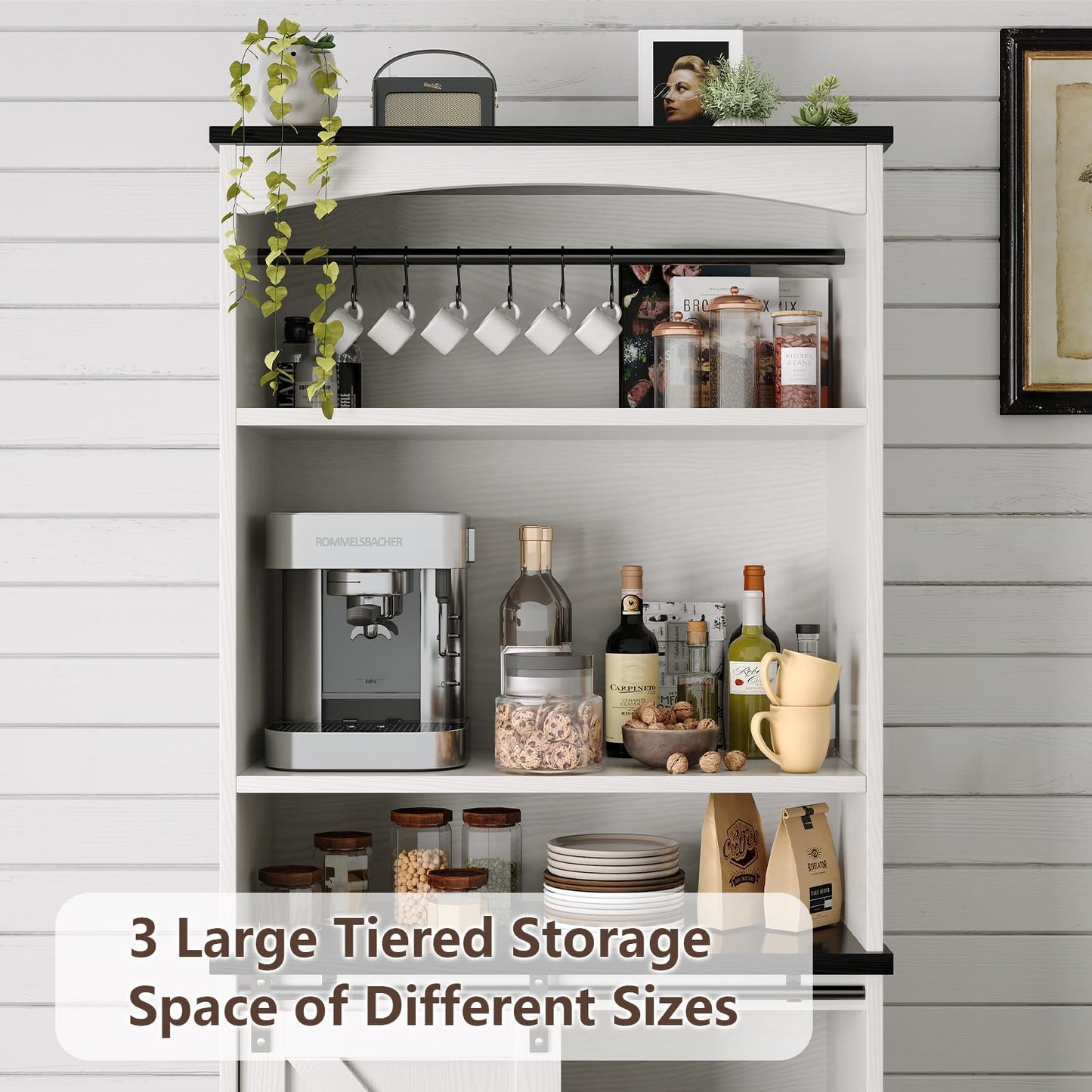 4ever2buy Farmhouse Tall Coffee Bar with Tall Hutch, Buffet Cabinet with Storage, 70 Inch Coffee Bar Cabinet with Sliding Barn Door and Adjustable Shelves for Living Dining Room, White