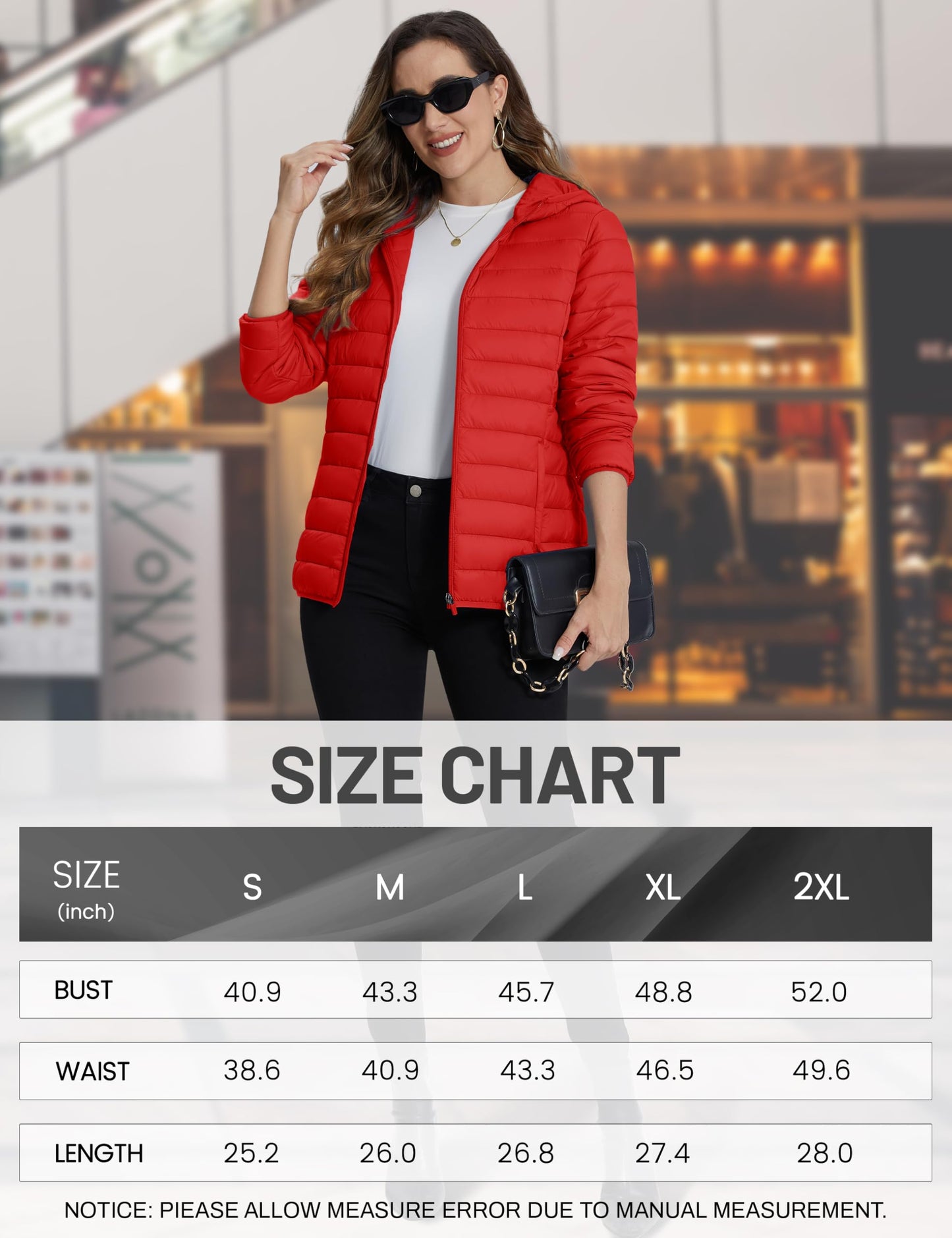 TACVASEN Women's Puffer Coat Long Sleeve Lightweight Jacket with Pockets Quilt Jacket for Winter,Tomato Red L