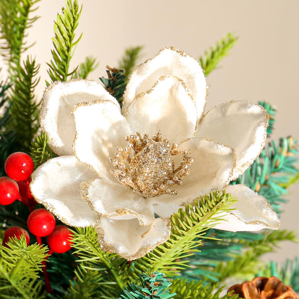 vctops 10 PCS Glitter Artificial Flower Christmas Tree Wreath DIY Ornaments 6.3 Inch Faux Flower for Xmas New Year Wedding Party Holiday Decoration,White A