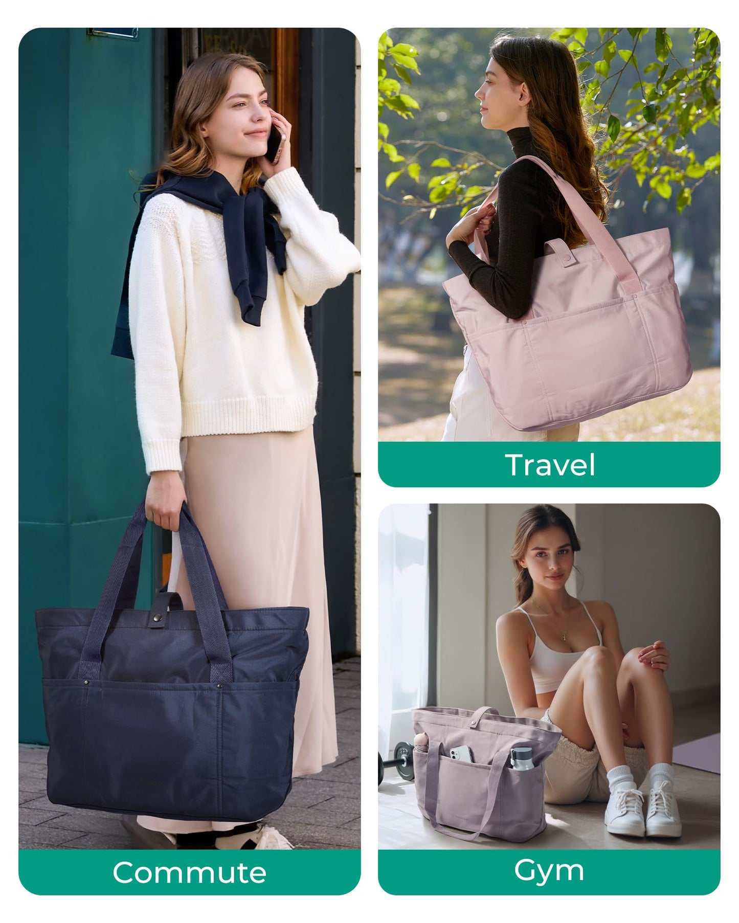 BAGSMART Tote Bag for Women, Foldable Tote Bag With Zipper Travel Large Shoulder Bag Handbag for Work-16.5''l X 6''wx 14''h