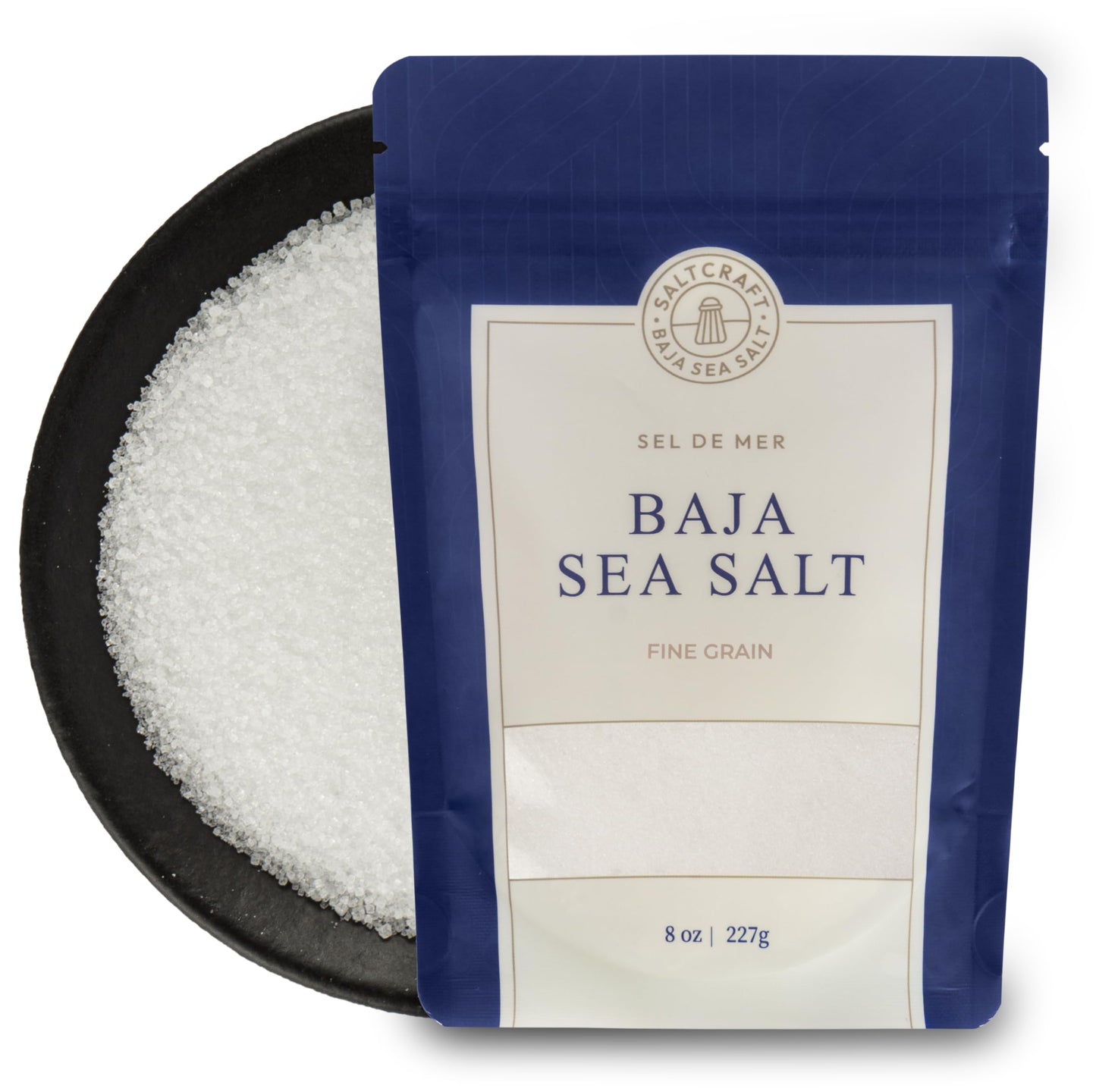 SALTCRAFT COMPANY - Baja Sea Salt, Fine Grain Crystals, Low Sodium 30%, Kosher Certified & Mineral Salt - 8 Ounce