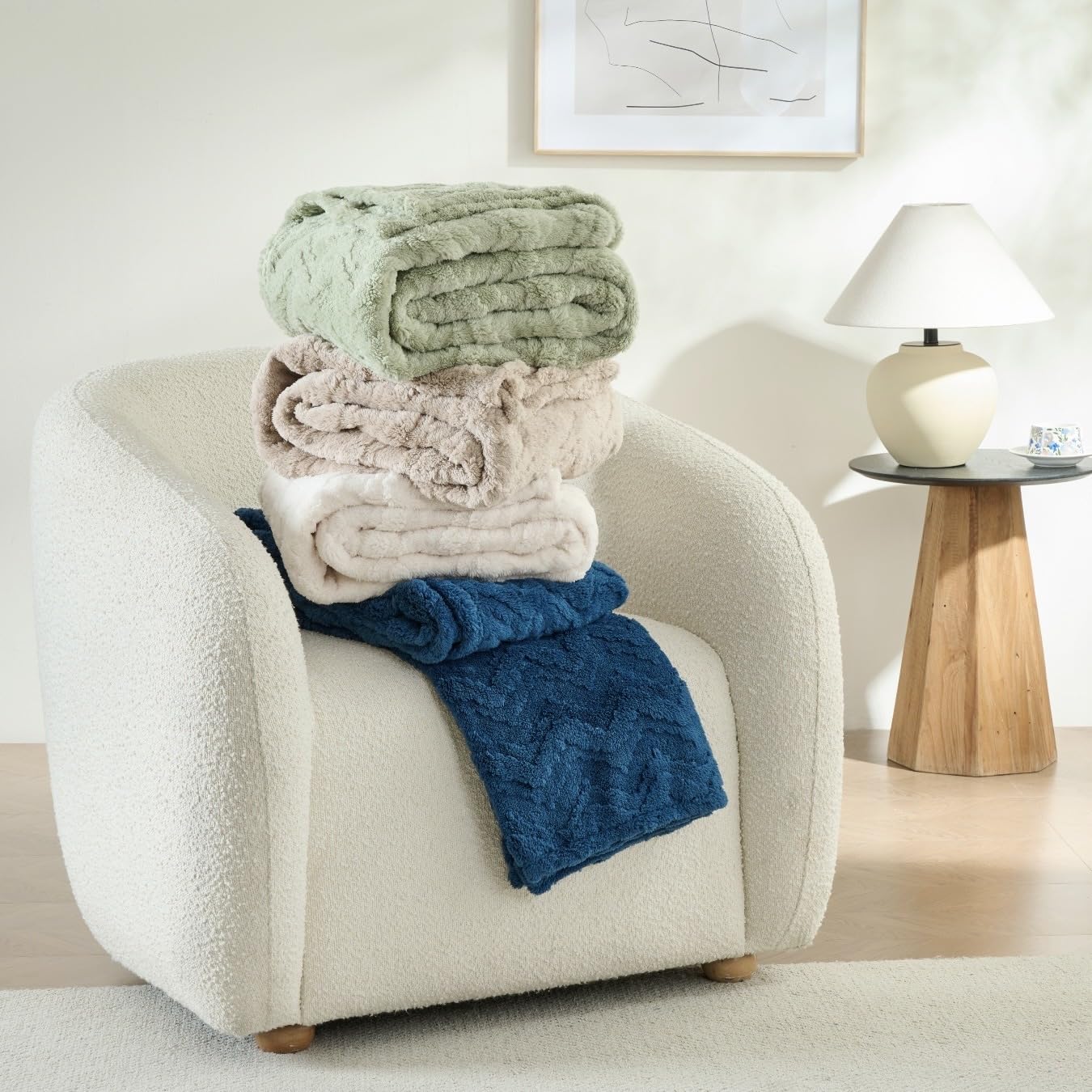 3 Layer Jacquard Throw Blanket - 50x70 Inch Soft Fleece with Wave Pattern, Navy Plush Cozy Blanket for Sofa, Couch, Bed & Chair, All Season Decorative Blanket for Living Room & Bedroom