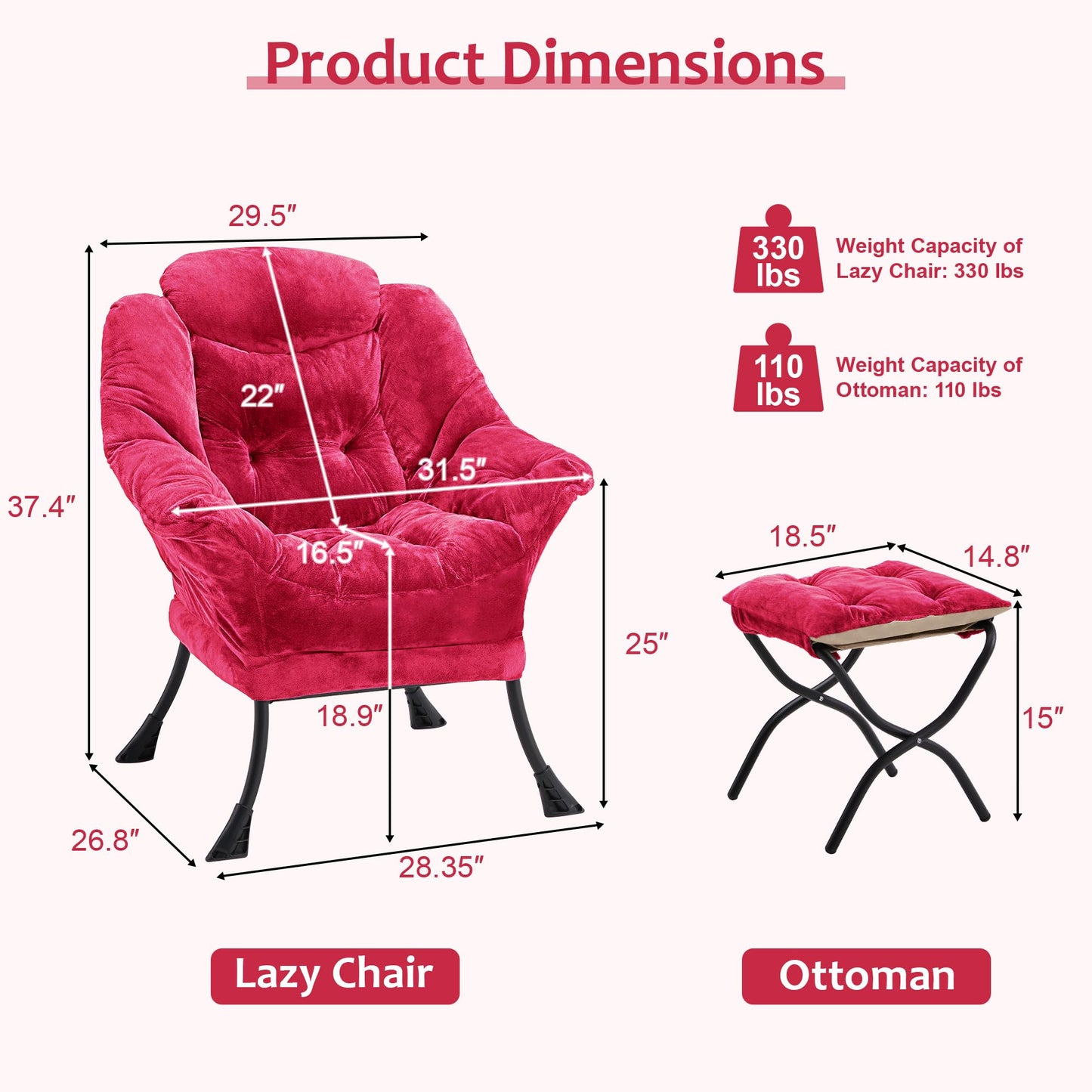 Halituny Fabric Lazy Chair with Ottoman, Oversized Upholstered Sofa Chair for Adults, Plush Comfy Lounge Chair with Large Side Storage Pocket, Reading Chair for Living Room, Bedroom, Office, Rose Red