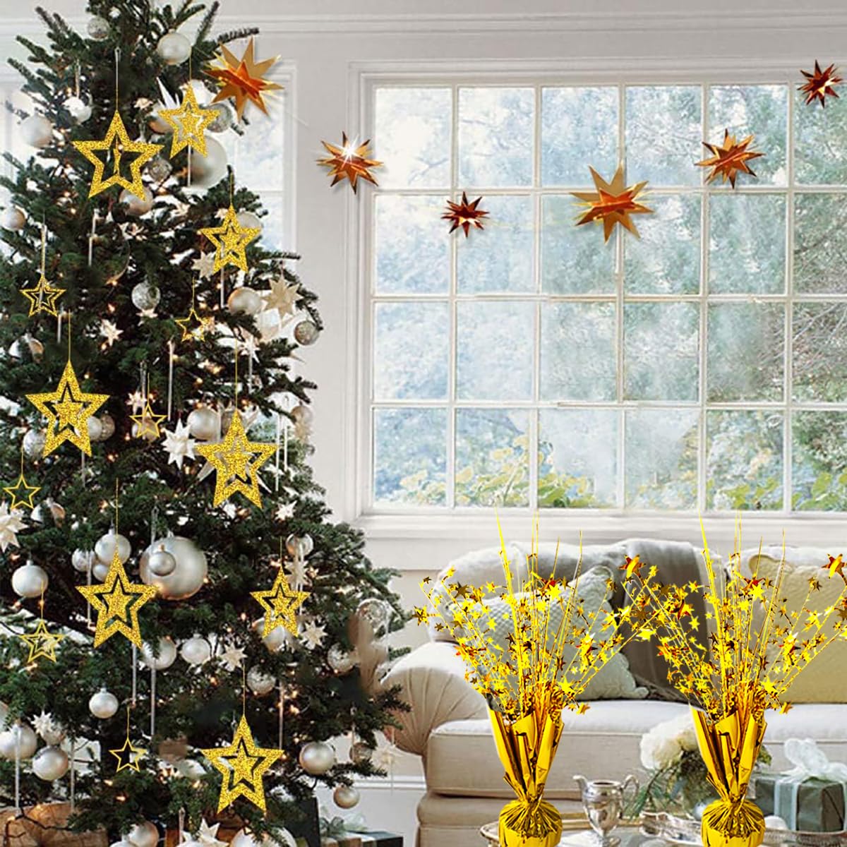 FUBININA 6 Pack Metallic Foil Spray Centerpiece Star Table Decoration Burst Table Centerpieces for Birthday Wedding Anniversary Graduation Holiday Party Supplies Decor, Gold