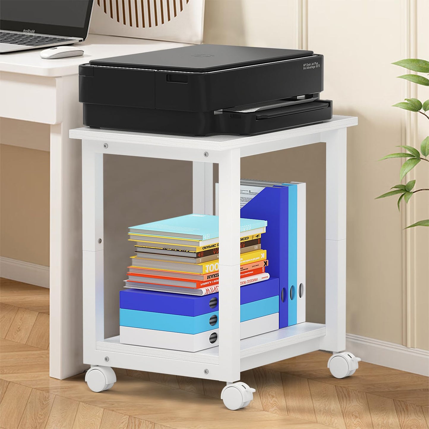 ITHWIU Under Desk Printer Stand, 2-Tier 19.5''x 16''x 22'' Rolling Printer Stand Storage Shelves for Printer, Scanner, Fax Machine, Files, Books with Anti-Skid Feet for Home, Office, White