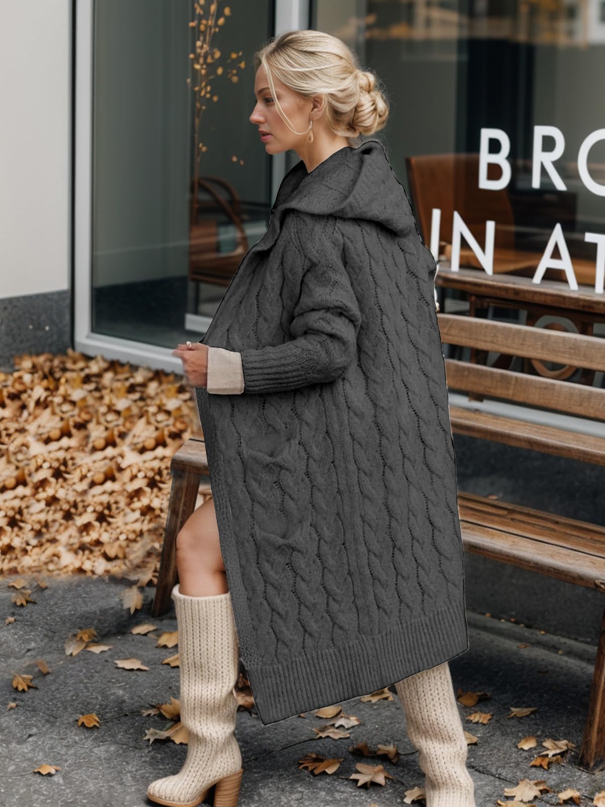 WIFFGO Lightweight Hooded Open Front Cardigan for Women Cable Knit Sweaters Pocketed Oversized Knee Length Long Coats Dark Gray