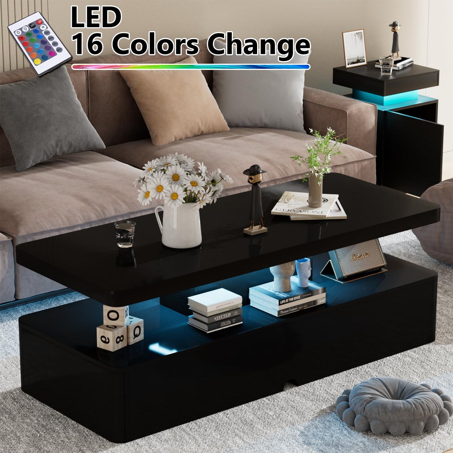 oneinmil Modern LED Coffee Table, 40 Inches Living Room Tables with 16 Colors LED Lights, Double-Layer Design, Stylish Coffee Tables for Living Room, Home, Office, Black