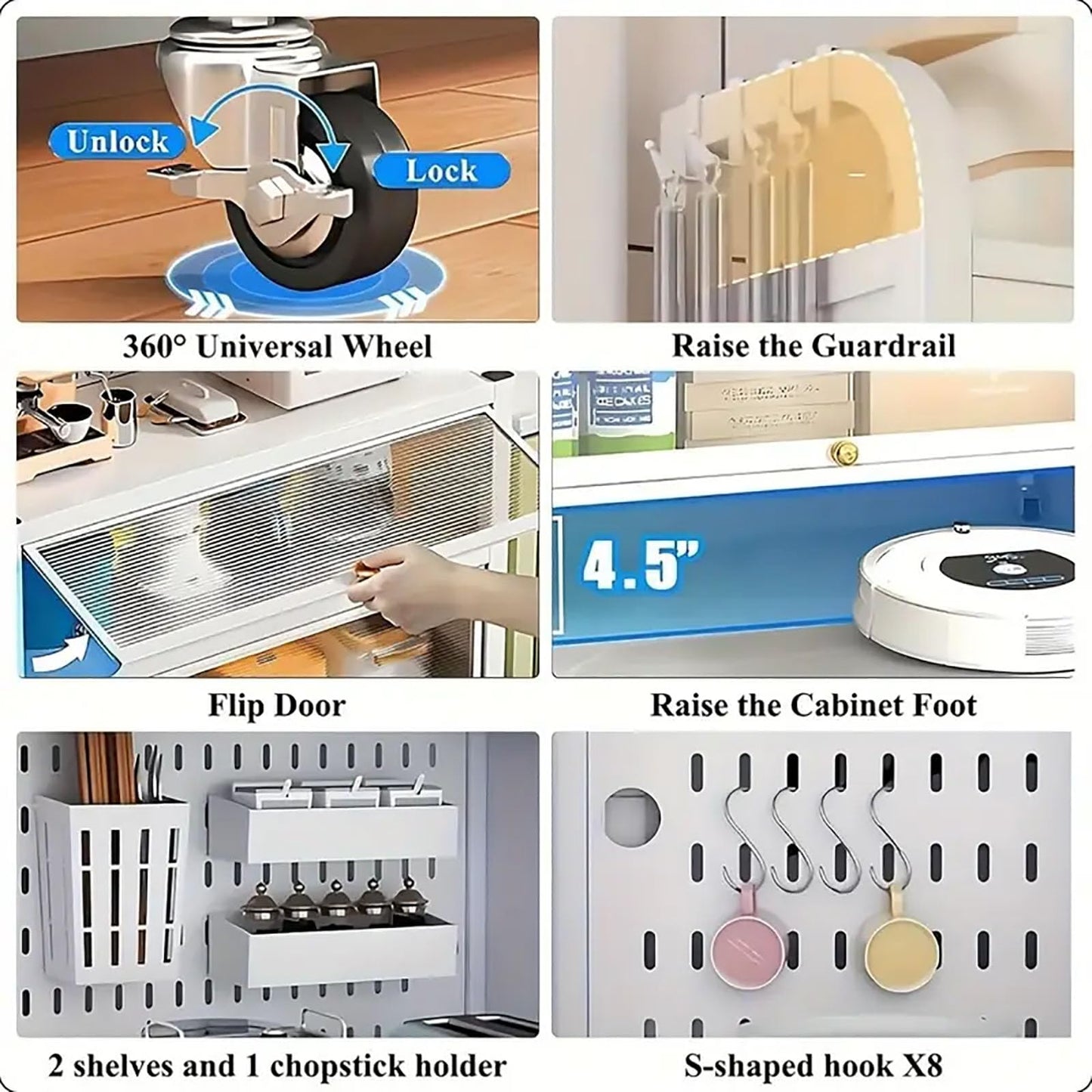 Voclym Bakers Rack with Wheels, 5-Tier Coffee Bar with Wheels, Microwave Stand with Storage, Kitchen Shelves for Kitchen Pantry, Storage Room, White