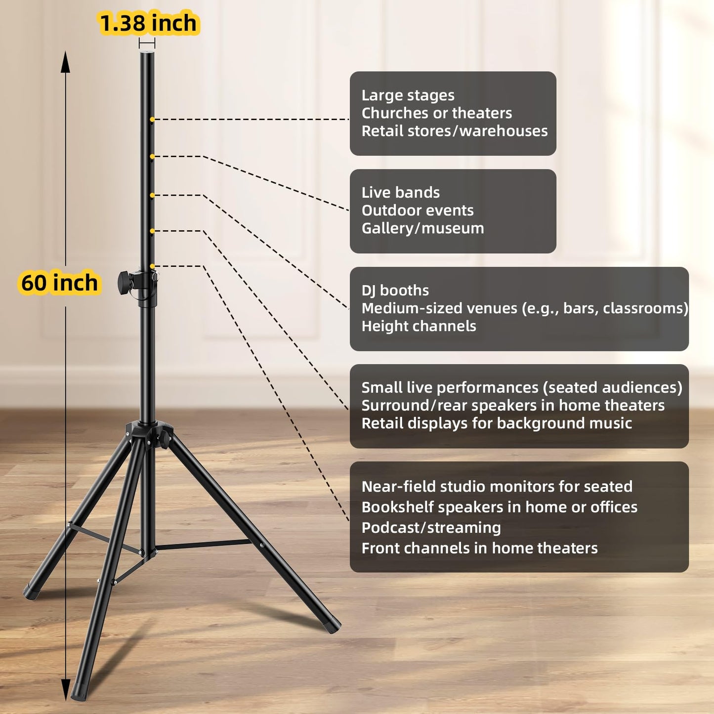 GZGDLJQ Speaker Stands Pair, Universal Speaker Tripod Stand Adjustable Height from 35 to 60 Inch Heavy Duty with 35 MM Compatible Insert for Stage