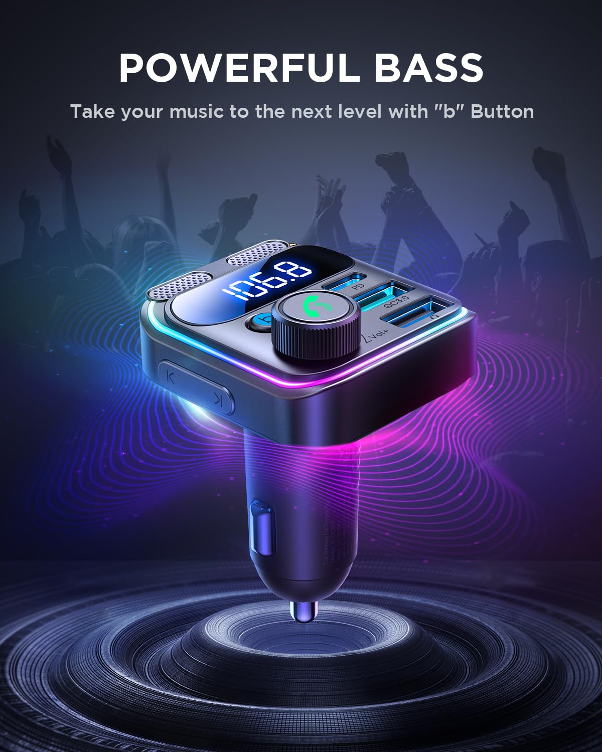 JOYROOM 81W Bluetooth 5.4 FM Transmitter Car Adapter PD & QC 3.0 USB C Car Charger Cigarette Lighter Adapter Hands-Free Calling Radio Support USB Drive [Stronger Dual Mics & HiFi Deep Bass Sound]