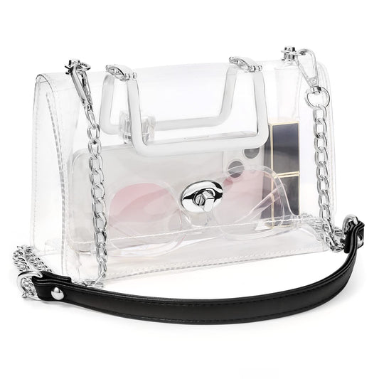 BS-VOG Clear Purse for Women Stadium Approved, Clear Crossbody Bag, Small Cute Clutch Handbag with Chain Strap for Sport Event Concert