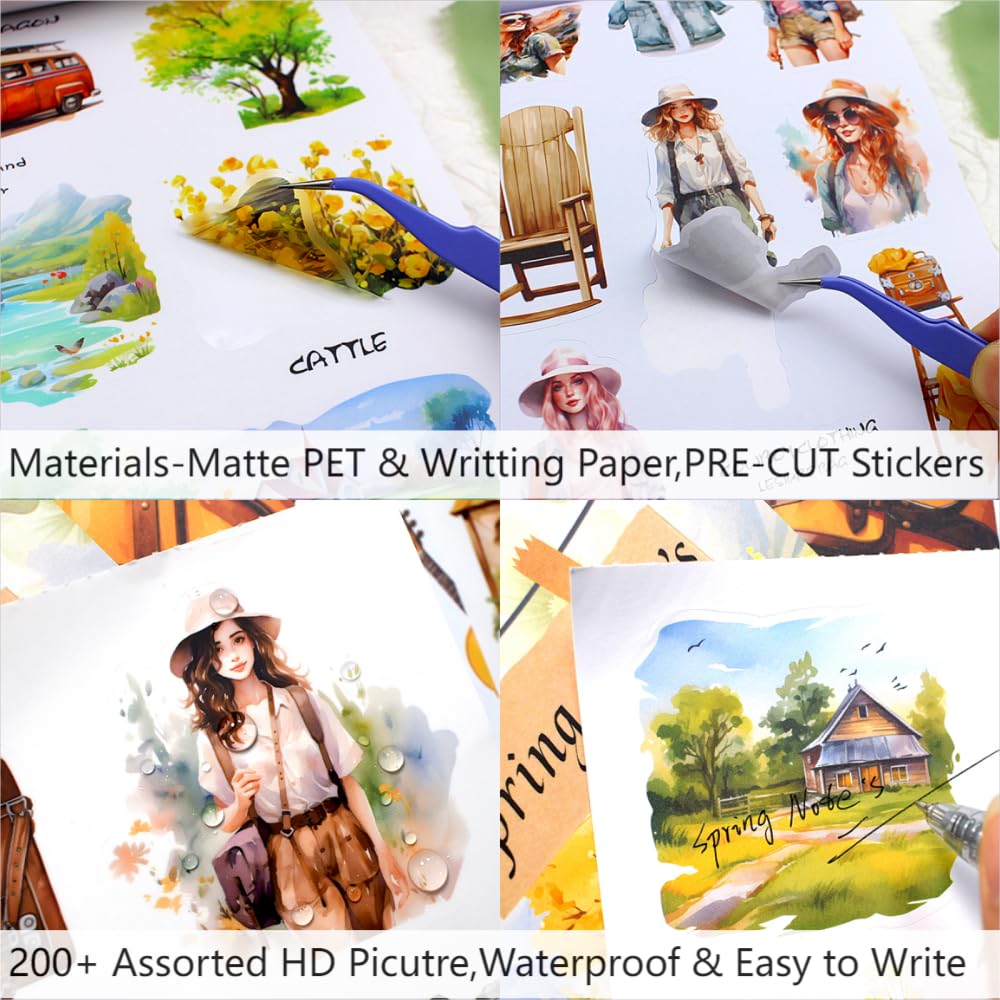 Dwpetzo Spring Notes Landscape Pre-Cut Sticker Book for Journaling, 20 Unique Sheets, Dual Materials Paper PET Stickers for Scrapbooking, Junk Journal Supplies, Planner, Collage, DIY Crafts Art