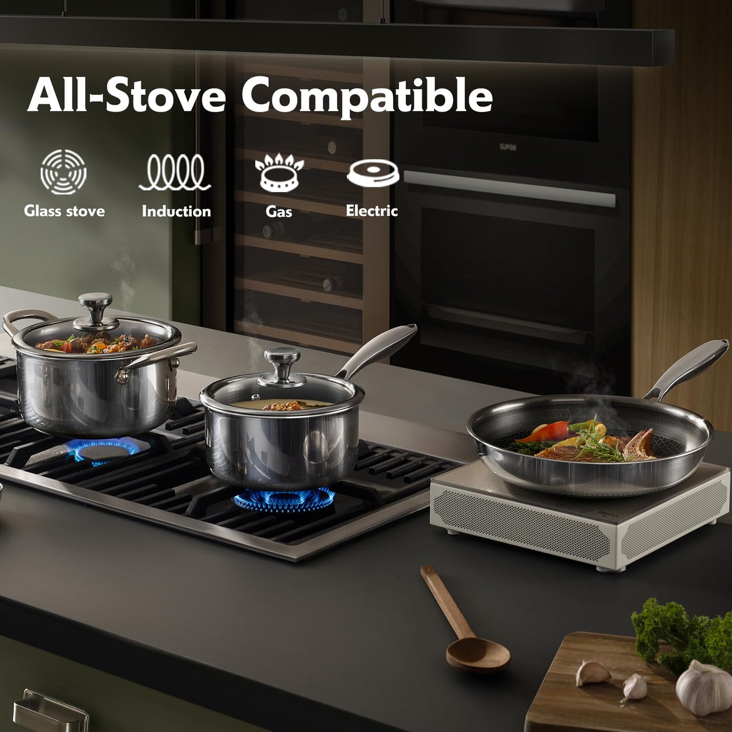 TalingMA 10 Pcs Non Stick Pots and Pans Set with Lids, Hybrid Stainless Steel Cookware Set, Skillet,Stock Pot,Frying Pan,Kitchen Cooking Utensils,Non Toxic,Induction,Dishwasher Safe