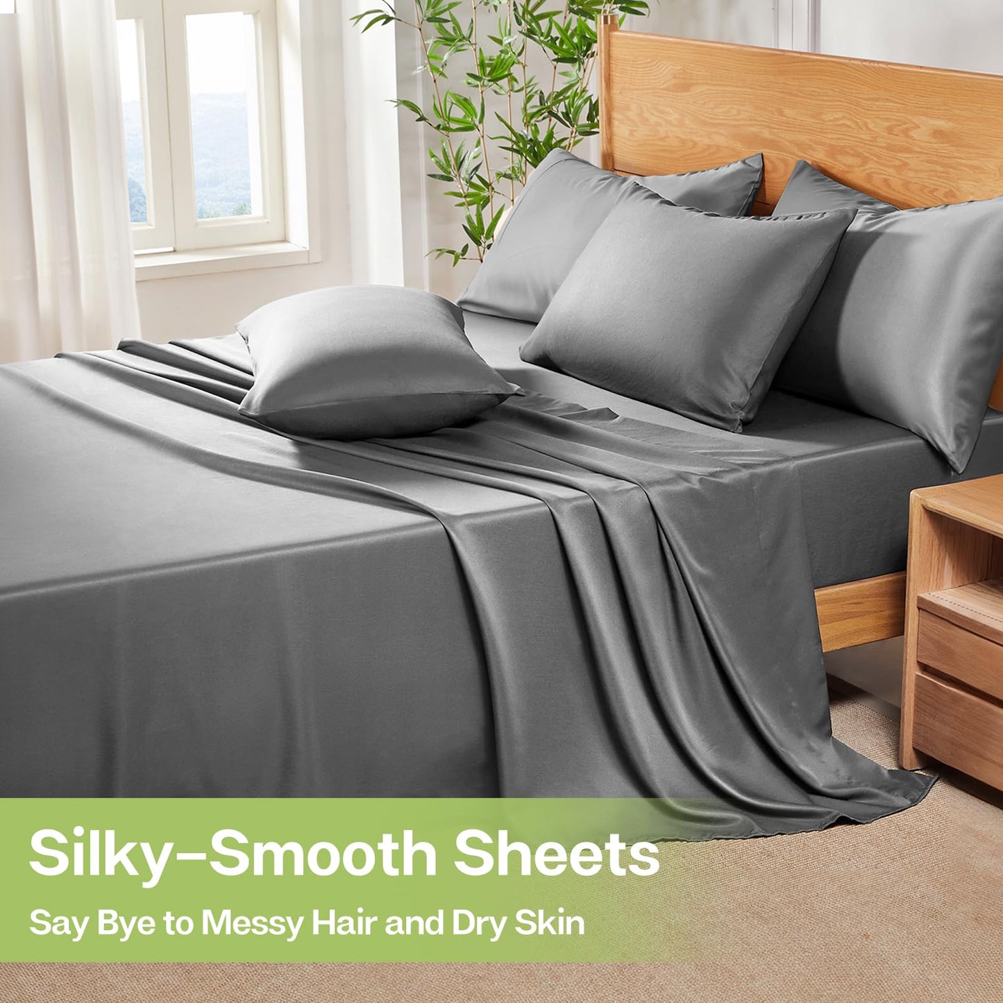 MR&HM Queen Sheet Set, 4-Piece Cooling Sheets, Rayon Derived from Bamboo & Polyester Blend, Soft & Silky, 15" Deep Pockets with Elastic Straps, Hotel Luxury for Hot Sleepers, Grey