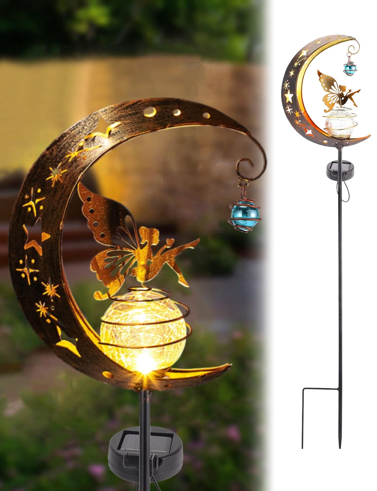 FKKsparkler Solar Powered Garden Decor Lights Moon Fairy Crackle Glass Globe with Gold Angel Decor Waterproof Stake Lights for Pathway, Yard, Lawn, Patio Outdoor Decor Garden Gifts Decoration