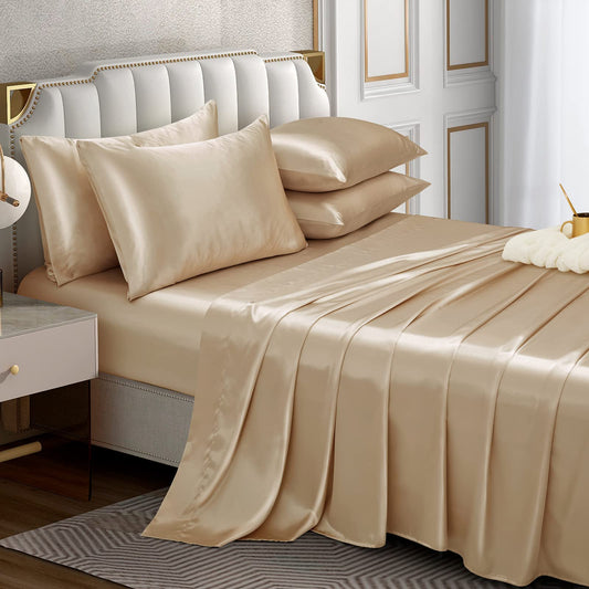 Horbaunal 6 Piece Satin Sheet Set King Size Luxury Silky & Soft Beige Satin King Bed Sheet Set with 16" Deep Pocket, 1 Fitted Sheet, 1 Flat Sheet, 4 Pillowcases