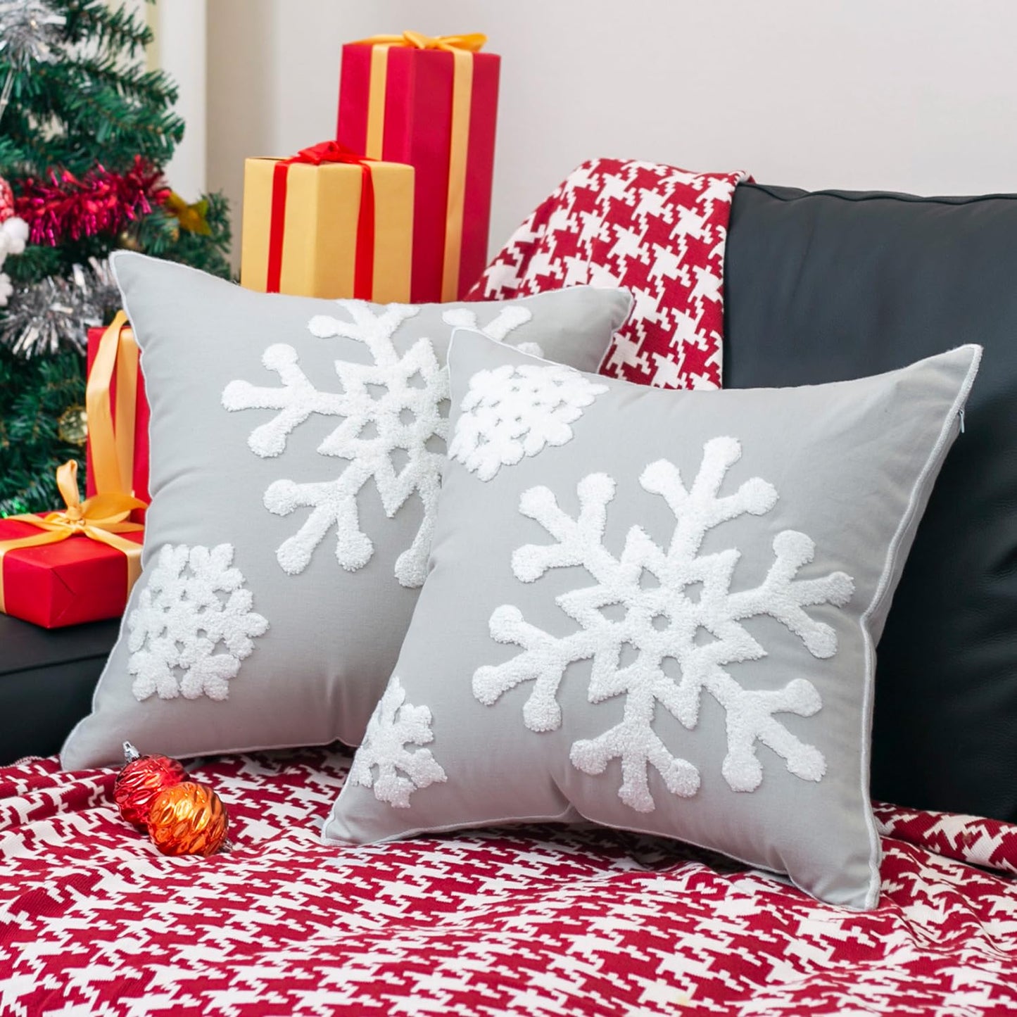 Elife Soft Square Christmas Snowflake Home Decorative Canvas Cotton Embroidery Throw Pillow Covers 18x18 Cushion Covers Pillowcases for Sofa Bed Chair (1 Pair, Grey)