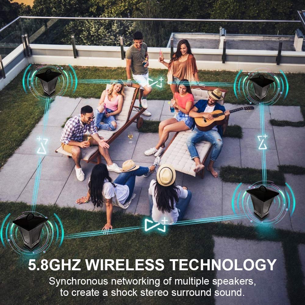 pohopa Bluetooth Speaker Waterproof, Portable Outdoor Wireless Speaker with LED Strip Lights Around, Support 2 or More Speakers 5.8Ghz Pairing Sync Shared Audio,Lantern Design Black