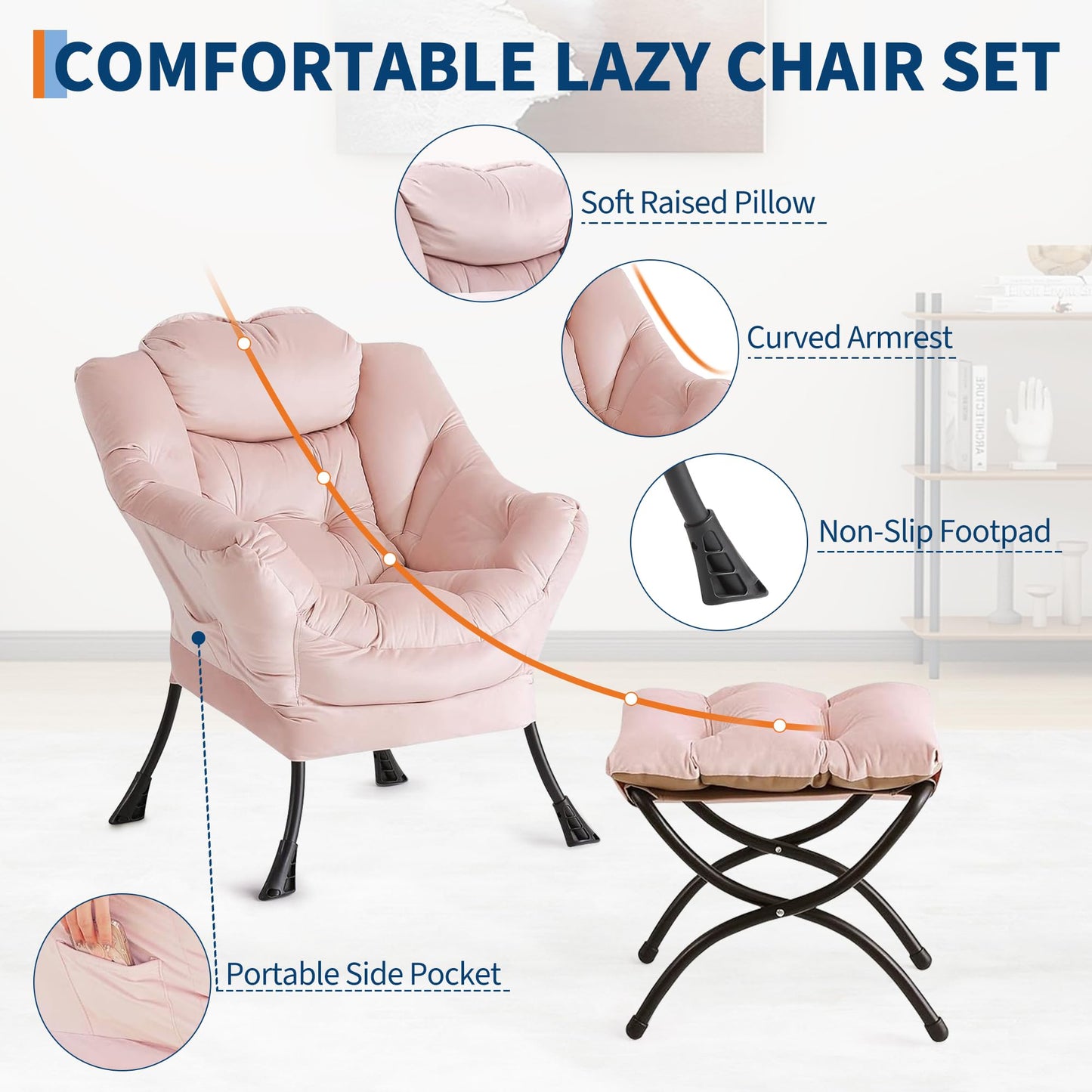 IDEALHOUSE Lazy Chair with Ottoman, Large Lounge Accent Chair, Comfy Armchair with Folding Footrest,Reading Armchair with Side Pocket for Living Room, Bedroom, Dorm & Office (1 Set, Velvet Pink)