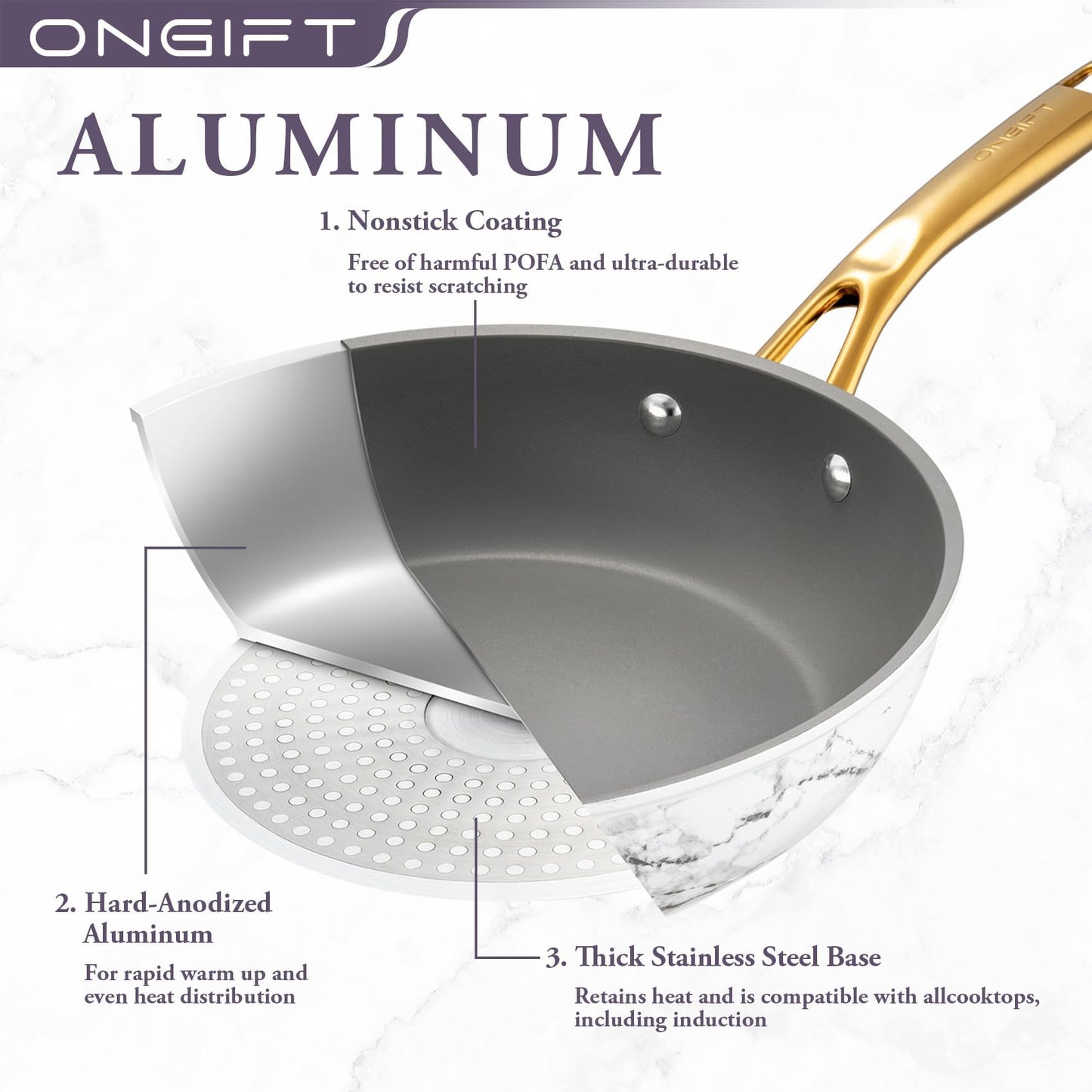 ONGIFT 16Pcs Nonstick Cookware Sets, Kitchen Pots and Pans Set Non Stick for Cooking, Non Toxic Induction Cookware, Oven & Dishwasher Safe, Mable White