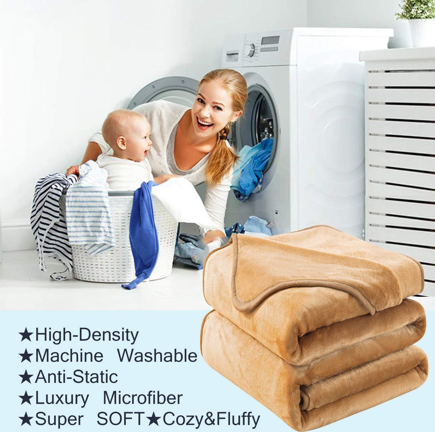 Soft Queen Size Blanket All Season Warm Fuzzy Microplush Lightweight Thermal Fleece Blankets for Couch Bed Sofa,90x90 Inches,Camel