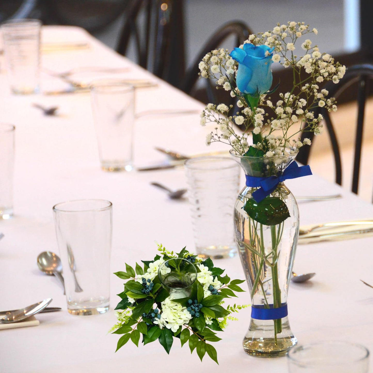 All Season Floral Arrangement Centerpiece for Table Glass Candle Holders with Artificial Hydrangea Flowers Blueberry Eucalyptus Leaves for Dining Room Indoor Outdoor Home Decor